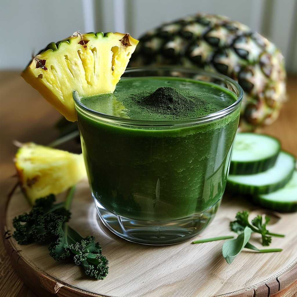 A Spirulina Sunrise Smoothie in a glass, garnished with a vibrant pineapple slice, sits on a rustic wooden surface. Surrounding the refreshing drink are crisp cucumber slices, nutrient-packed kale, fragrant sage leaves, and succulent pineapple pieces—all bursting with goodness. In the background, an entire pineapple stands proudly. This delightful blend from Zestful Blends is not only rich in health benefits but also showcases our commitment to fresh and eco-friendly ingredients! A Spirulina Sunrise Smoothie in a glass, garnished with a vibrant pineapple slice, sits on a rustic wooden surface. Surrounding the refreshing drink are crisp cucumber slices, nutrient-packed kale, fragrant sage leaves, and succulent pineapple pieces—all bursting with goodness. In the background, an entire pineapple stands proudly. This delightful blend from Zestful Blends is not only rich in health benefits but also showcases our commitment to fresh and eco-friendly ingredients!
