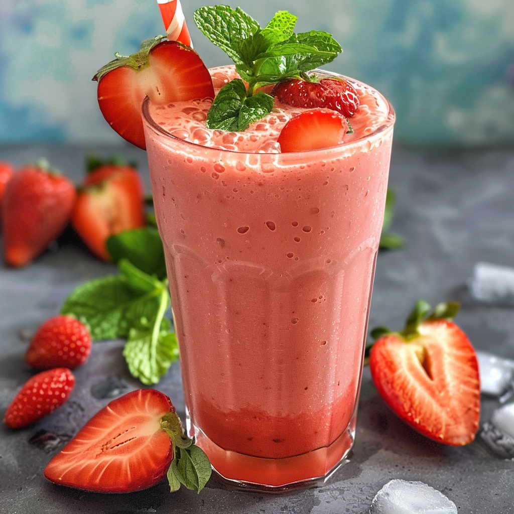 A tall glass brimming with our frothy Strawberry Guava Groove Smoothie, adorned with fresh mint leaves and a luscious strawberry slice on the rim. This vibrant drink is surrounded by whole and sliced strawberries, with refreshing ice cubes scattered on a sleek gray surface. Bursting with goodness, our smoothie packs health benefits in every sip while keeping it fresh and eco-friendly—an invigorating taste of Zestful Blends' commitment to wholesome living! A tall glass brimming with our frothy Strawberry Guava Groove Smoothie, adorned with fresh mint leaves and a luscious strawberry slice on the rim. This vibrant drink is surrounded by whole and sliced strawberries, with refreshing ice cubes scattered on a sleek gray surface. Bursting with goodness, our smoothie packs health benefits in every sip while keeping it fresh and eco-friendly—an invigorating taste of Zestful Blends' commitment to wholesome living!