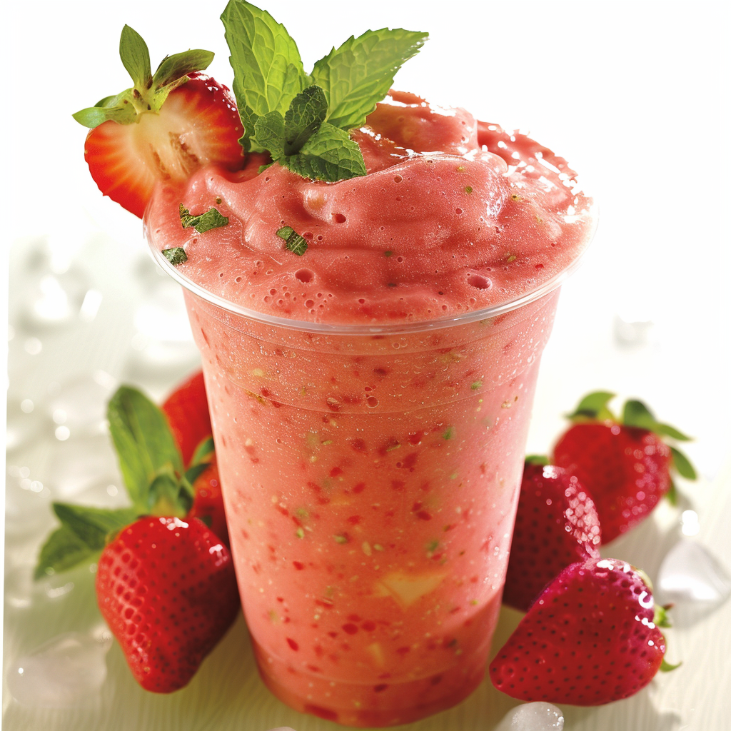Behold the Strawberry Guava Groove Smoothie from Zestful Blends, bursting with goodness in every sip! This vibrant pink delight is topped with a fresh strawberry slice and fragrant mint leaves, all presented in an eco-friendly clear cup. Surrounding this refreshing treat are whole strawberries and glistening ice cubes, showcasing the unbeatable freshness and vitality of our products. Enjoy a wave of health benefits while indulging in this zestfully crafted smoothie experience! Behold the Strawberry Guava Groove Smoothie from Zestful Blends, bursting with goodness in every sip! This vibrant pink delight is topped with a fresh strawberry slice and fragrant mint leaves, all presented in an eco-friendly clear cup. Surrounding this refreshing treat are whole strawberries and glistening ice cubes, showcasing the unbeatable freshness and vitality of our products. Enjoy a wave of health benefits while indulging in this zestfully crafted smoothie experience!