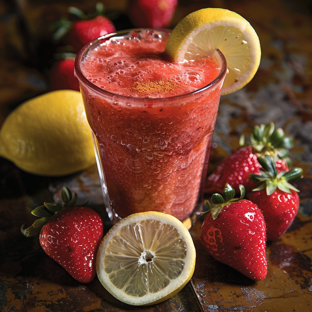 A tall glass of our Strawberry Spice Smoothie, bursting with goodness, stands proudly on a rustic wooden surface. Garnished with a refreshing lemon slice, this vibrant smoothie offers an enticing blend of zesty and sweet flavors. Surrounding the glass are halved and whole strawberries alongside freshly sliced lemons, highlighting the abundant freshness in every sip. Perfect for savoring this delightful strawberry treat, our eco-friendly packaging ensures you're enjoying nature's best while caring for the planet. Indulge in Zestful Blends’ healthy and invigorating smoothie experience! A tall glass of our Strawberry Spice Smoothie, bursting with goodness, stands proudly on a rustic wooden surface. Garnished with a refreshing lemon slice, this vibrant smoothie offers an enticing blend of zesty and sweet flavors. Surrounding the glass are halved and whole strawberries alongside freshly sliced lemons, highlighting the abundant freshness in every sip. Perfect for savoring this delightful strawberry treat, our eco-friendly packaging ensures you're enjoying nature's best while caring for the planet. Indulge in Zestful Blends’ healthy and invigorating smoothie experience!