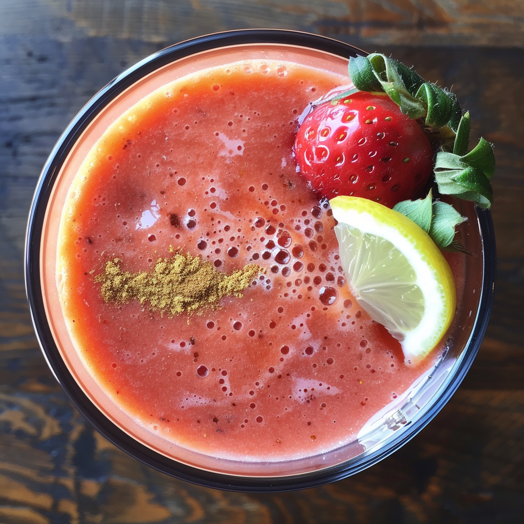 Dive into vitality with our Strawberry Spice Smoothie! This luscious blend bursts with goodness, flaunting a rich red hue that promises pure delight. Topped with a whole strawberry, a zesty slice of lemon, and a sprinkle of exotic spice, this smoothie epitomizes freshness and health. Crafted from the finest fruits, its velvety texture speaks to our commitment to quality. Enjoy it against the backdrop of an elegant dark wooden surface—an eco-friendly touch reminiscent of nature’s embrace. Indulge in Zestful Blends’ spectacularly fresh smoothies for an invigorating treat that’s as good for you as it is delicious! Dive into vitality with our Strawberry Spice Smoothie! This luscious blend bursts with goodness, flaunting a rich red hue that promises pure delight. Topped with a whole strawberry, a zesty slice of lemon, and a sprinkle of exotic spice, this smoothie epitomizes freshness and health. Crafted from the finest fruits, its velvety texture speaks to our commitment to quality. Enjoy it against the backdrop of an elegant dark wooden surface—an eco-friendly touch reminiscent of nature’s embrace. Indulge in Zestful Blends’ spectacularly fresh smoothies for an invigorating treat that’s as good for you as it is delicious!