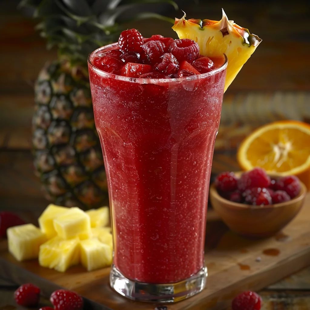 A tall glass brimming with our vibrant, red “Sunset Berry Bliss” smoothie, crowned with fresh raspberries and elegantly garnished with a slice of pineapple. Encircling the glass, you’ll find juicy pineapple chunks, a bowl of luscious raspberries, half an orange bursting with zest, and a whole pineapple in the background. This scene captures true berry bliss reminiscent of a tropical sunset. Experience healthful indulgence with every sip at Zestful Blends—where freshness meets vibrant vitality! A tall glass brimming with our vibrant, red “Sunset Berry Bliss” smoothie, crowned with fresh raspberries and elegantly garnished with a slice of pineapple. Encircling the glass, you’ll find juicy pineapple chunks, a bowl of luscious raspberries, half an orange bursting with zest, and a whole pineapple in the background. This scene captures true berry bliss reminiscent of a tropical sunset. Experience healthful indulgence with every sip at Zestful Blends—where freshness meets vibrant vitality!