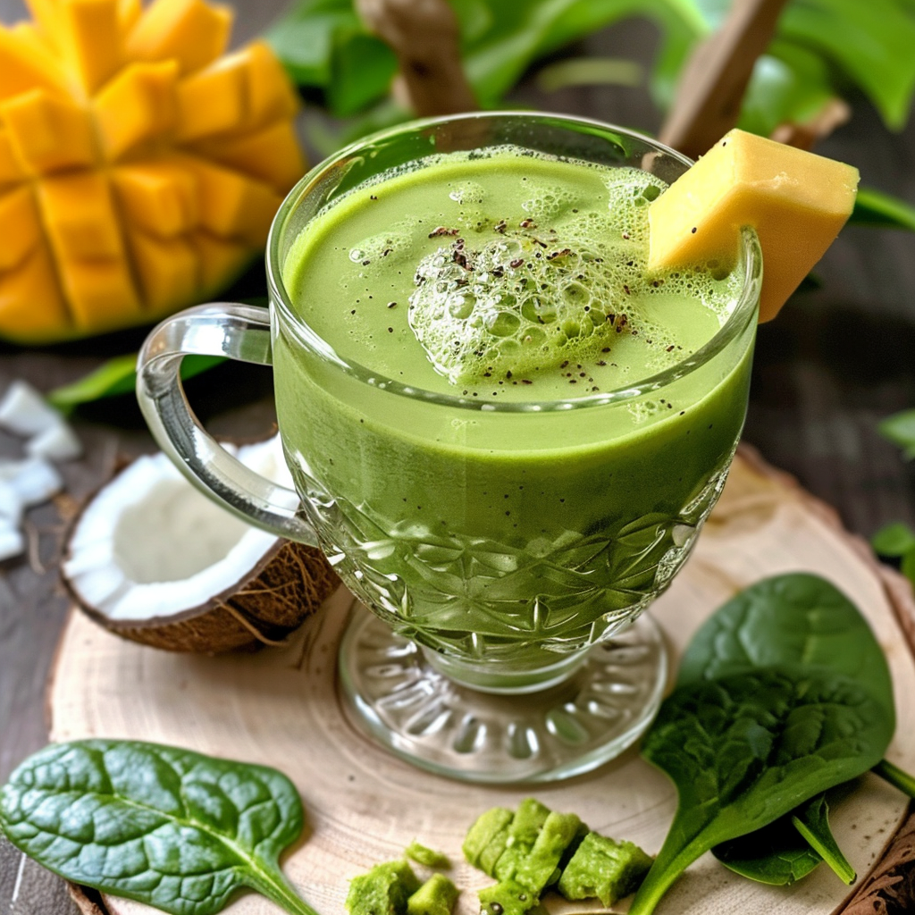 A frothy Tropical Green Wave smoothie, served in a clear glass with a vibrant square of mango on the rim. Bursting with goodness and natural vitality, this refreshing treat sits atop a wooden surface surrounded by fresh spinach leaves, juicy mango cubes, aromatic coconut shell pieces, and creamy diced avocado—evoking an irresistible symphony of tropical flavors. Perfectly crafted to invigorate your day with nature’s finest ingredients and mindful packaging choices that honor our planet. A frothy Tropical Green Wave smoothie, served in a clear glass with a vibrant square of mango on the rim. Bursting with goodness and natural vitality, this refreshing treat sits atop a wooden surface surrounded by fresh spinach leaves, juicy mango cubes, aromatic coconut shell pieces, and creamy diced avocado—evoking an irresistible symphony of tropical flavors. Perfectly crafted to invigorate your day with nature’s finest ingredients and mindful packaging choices that honor our planet.