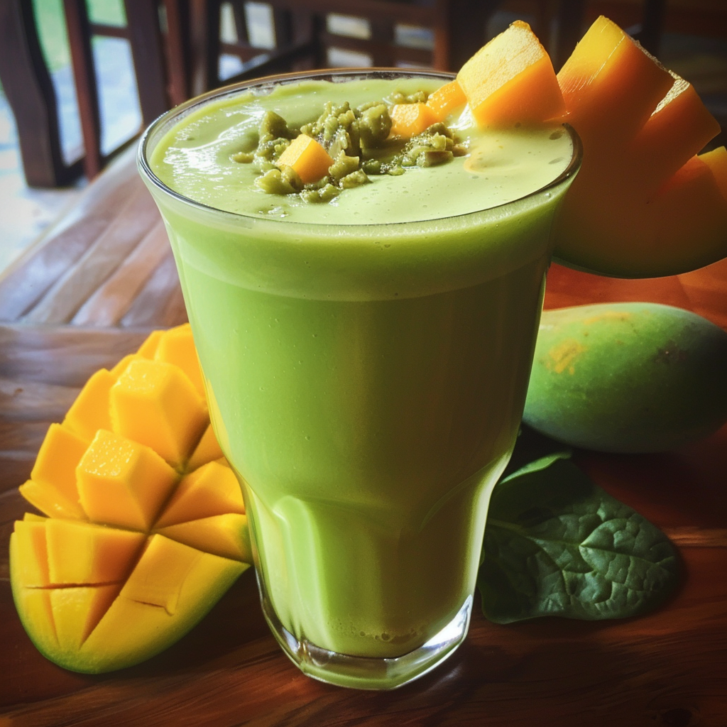 A tall glass filled with our vibrant Tropical Green Wave, bursting with the goodness of fresh mango and nutrient-rich greens, topped with juicy chunks of ripe mango and garnished with a succulent slice on the rim. Surrounding this energizing drink are slices of fresh mango, a whole plump mango, and crisp spinach leaves displayed on a rustic wooden table—delivering health benefits in every refreshing sip. Embrace the zest of our eco-friendly offerings that bring you the freshest flavors nature has to offer. A tall glass filled with our vibrant Tropical Green Wave, bursting with the goodness of fresh mango and nutrient-rich greens, topped with juicy chunks of ripe mango and garnished with a succulent slice on the rim. Surrounding this energizing drink are slices of fresh mango, a whole plump mango, and crisp spinach leaves displayed on a rustic wooden table—delivering health benefits in every refreshing sip. Embrace the zest of our eco-friendly offerings that bring you the freshest flavors nature has to offer.
