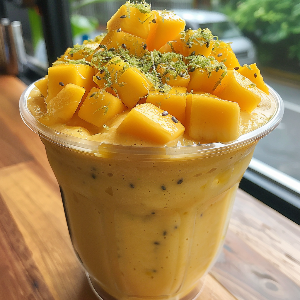 A Tropical Mango Tango brimming with a luscious, thick mango smoothie, adorned with generous chunks of fresh, ripe mango and a subtle sprinkle of vibrant green herbs. This eco-friendly cup is bursting with tropical goodness and nutrient-rich flavors, delivering a refreshing boost to your day. Placed on a rustic wooden table by the window, its zestful allure is accentuated by the blurred scenic backdrop outside. Indulge in this vibrant blend from Zestful Blends and savor the health benefits of pure freshness! A Tropical Mango Tango brimming with a luscious, thick mango smoothie, adorned with generous chunks of fresh, ripe mango and a subtle sprinkle of vibrant green herbs. This eco-friendly cup is bursting with tropical goodness and nutrient-rich flavors, delivering a refreshing boost to your day. Placed on a rustic wooden table by the window, its zestful allure is accentuated by the blurred scenic backdrop outside. Indulge in this vibrant blend from Zestful Blends and savor the health benefits of pure freshness!