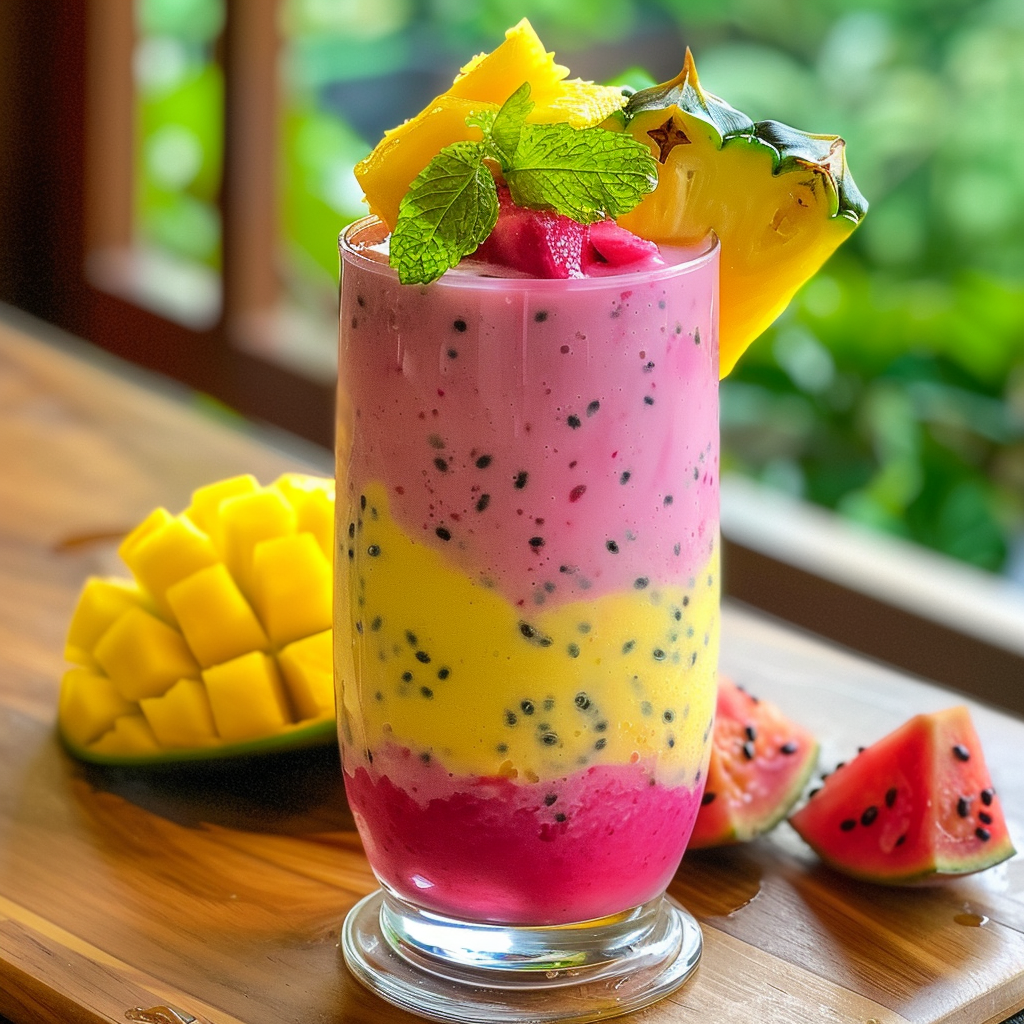 Experience the vibrant brilliance of Zestful Blends’ Tropical Rainbow Fusion, elegantly layered in a tall glass. Bursting with goodness, this refreshing masterpiece features striking pink, yellow, and red hues. Garnished with a tantalizing pineapple slice, fresh mint leaves, and juicy watermelon triangles atop a wooden surface adorned with ripe mango slices and watermelon pieces. Our blend is crafted to deliver exceptional health benefits and unrivaled freshness while staying eco-friendly every step of the way. Taste the rainbow of colors and flavors – your journey to wellness begins here! Experience the vibrant brilliance of Zestful Blends’ Tropical Rainbow Fusion, elegantly layered in a tall glass. Bursting with goodness, this refreshing masterpiece features striking pink, yellow, and red hues. Garnished with a tantalizing pineapple slice, fresh mint leaves, and juicy watermelon triangles atop a wooden surface adorned with ripe mango slices and watermelon pieces. Our blend is crafted to deliver exceptional health benefits and unrivaled freshness while staying eco-friendly every step of the way. Taste the rainbow of colors and flavors – your journey to wellness begins here!