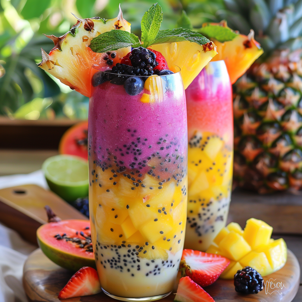 Two tall glasses of our Tropical Rainbow Fusion stand as a testament to nature's vibrant palette and bounty, each garnished with fresh pineapple slices, sprigs of mint, plump blackberries, and succulent strawberries. This tantalizing drink boasts layers of yellow, purple, and pink brimming with chia seeds—a delightful burst of goodness in every sip. Surrounded by an array of fresh fruits and lush greenery, our Tropical Rainbow Fusion is not only a feast for the eyes but also a celebration of health benefits. At Zestful Blends, we take pride in offering smoothies that are as eco-friendly as they are delicious. Two tall glasses of our Tropical Rainbow Fusion stand as a testament to nature's vibrant palette and bounty, each garnished with fresh pineapple slices, sprigs of mint, plump blackberries, and succulent strawberries. This tantalizing drink boasts layers of yellow, purple, and pink brimming with chia seeds—a delightful burst of goodness in every sip. Surrounded by an array of fresh fruits and lush greenery, our Tropical Rainbow Fusion is not only a feast for the eyes but also a celebration of health benefits. At Zestful Blends, we take pride in offering smoothies that are as eco-friendly as they are delicious.
