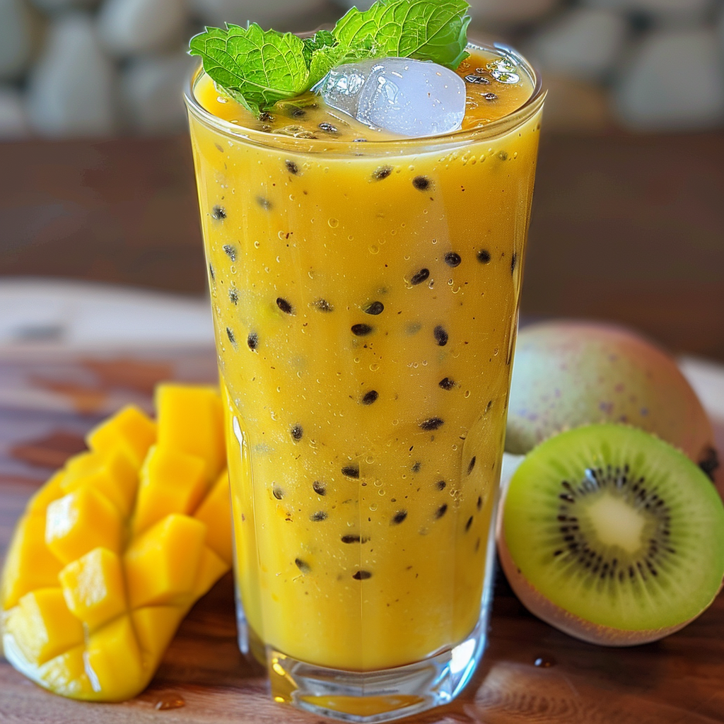A tall glass of our Tropical Sunset Smoothie bursts with vibrant goodness on a rustic wooden surface. This sunset-hued delight, speckled with nutritious black seeds, is adorned with fresh mint leaves and ice cubes for the ultimate refreshing experience. Surrounding the smoothie are juicy chunks of diced mango and two lush kiwi fruits—one whole and one perfectly halved—emphasizing the natural health benefits and unparalleled freshness of Zestful Blends. Enjoy a sip that’s as eco-friendly as it is invigorating! A tall glass of our Tropical Sunset Smoothie bursts with vibrant goodness on a rustic wooden surface. This sunset-hued delight, speckled with nutritious black seeds, is adorned with fresh mint leaves and ice cubes for the ultimate refreshing experience. Surrounding the smoothie are juicy chunks of diced mango and two lush kiwi fruits—one whole and one perfectly halved—emphasizing the natural health benefits and unparalleled freshness of Zestful Blends. Enjoy a sip that’s as eco-friendly as it is invigorating!