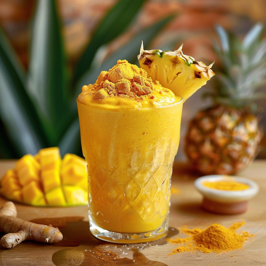 A radiant yellow Tropical Turmeric Cooler Smoothie, bursting with goodness and crowned with a fresh pineapple slice and a sprinkle of turmeric powder, stands proudly in an elegantly textured glass. Surrounding it are succulent mango chunks, a lush whole pineapple, and a dish filled with vibrant turmeric and ginger roots. This harmonious display of tropical ingredients highlights the unparalleled freshness and health benefits that Zestful Blends offers in every sip. Enjoy this eco-friendly blend that nourishes your body while caring for our planet. A radiant yellow Tropical Turmeric Cooler Smoothie, bursting with goodness and crowned with a fresh pineapple slice and a sprinkle of turmeric powder, stands proudly in an elegantly textured glass. Surrounding it are succulent mango chunks, a lush whole pineapple, and a dish filled with vibrant turmeric and ginger roots. This harmonious display of tropical ingredients highlights the unparalleled freshness and health benefits that Zestful Blends offers in every sip. Enjoy this eco-friendly blend that nourishes your body while caring for our planet.