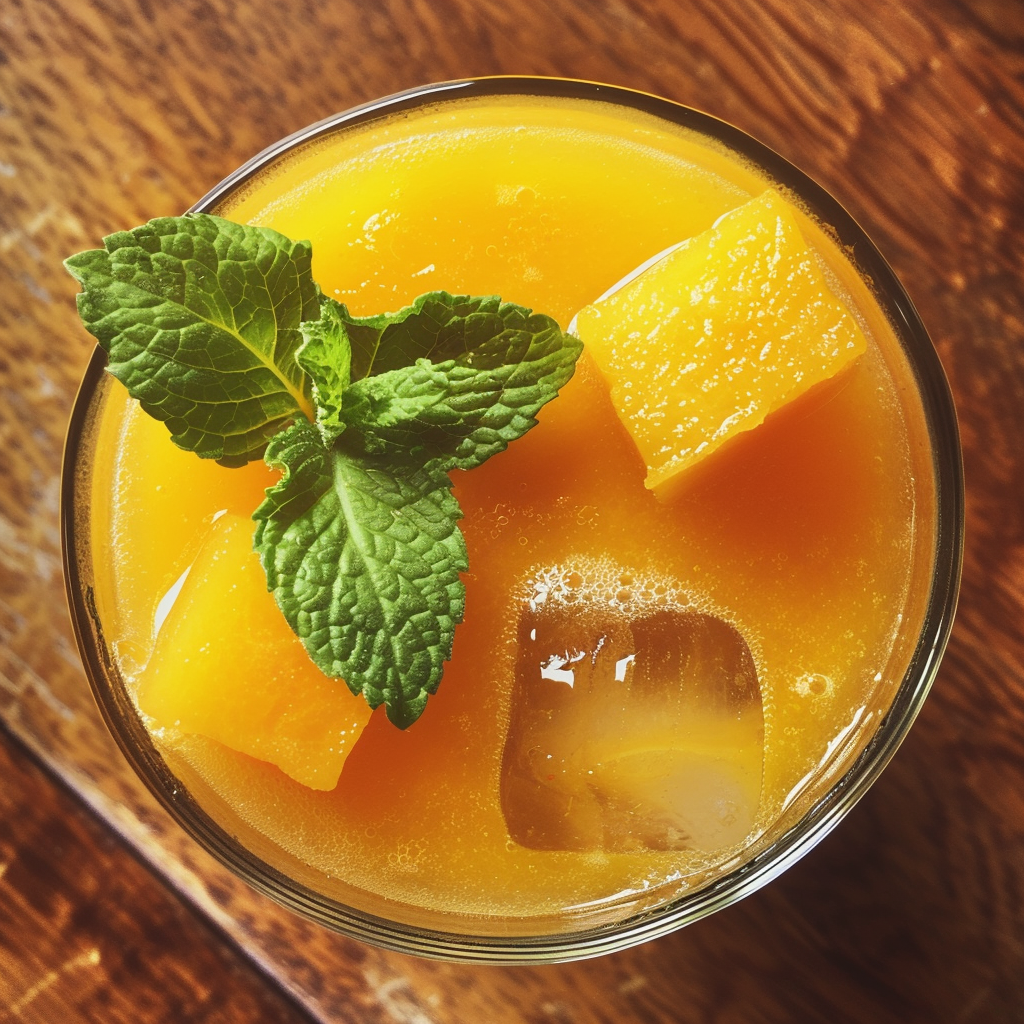 A revitalizing glass of Tropical Turmeric Tonic from Zestful Blends, bursting with goodness and garnished with fresh mint leaves. This delightful drink, filled with ice cubes and vibrant orange pieces, is delicately infused with turmeric’s golden touch. Placed on a rustic wooden table, the tonic’s radiant orange hue contrasts beautifully against the crisp green mint and glistening clear ice—illustrating our commitment to health benefits and fresh ingredients. Enjoy this eco-friendly treat as part of our wide selection of fruit salads, juices, snacks, smoothies, whole fruit packs, and desserts. Elevate your wellness journey with every refreshing sip! A revitalizing glass of Tropical Turmeric Tonic from Zestful Blends, bursting with goodness and garnished with fresh mint leaves. This delightful drink, filled with ice cubes and vibrant orange pieces, is delicately infused with turmeric’s golden touch. Placed on a rustic wooden table, the tonic’s radiant orange hue contrasts beautifully against the crisp green mint and glistening clear ice—illustrating our commitment to health benefits and fresh ingredients. Enjoy this eco-friendly treat as part of our wide selection of fruit salads, juices, snacks, smoothies, whole fruit packs, and desserts. Elevate your wellness journey with every refreshing sip!