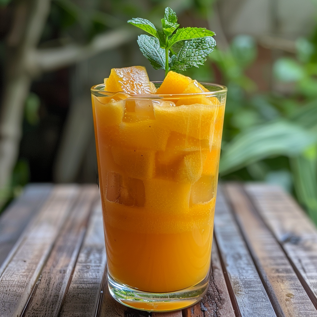 Revitalize your senses with our Tropical Turmeric Tonic! This vibrant orange delight, brimming with antioxidant-rich turmeric and luscious mango chunks, is not only a visual treat but a healthful indulgence. Garnished with a sprig of fresh mint and served over ice, this refreshing beverage sits against an inviting backdrop of green foliage. Perfectly capturing the essence of Zestful Blends - where every sip is bursting with goodness and eco-friendly freshness! Revitalize your senses with our Tropical Turmeric Tonic! This vibrant orange delight, brimming with antioxidant-rich turmeric and luscious mango chunks, is not only a visual treat but a healthful indulgence. Garnished with a sprig of fresh mint and served over ice, this refreshing beverage sits against an inviting backdrop of green foliage. Perfectly capturing the essence of Zestful Blends - where every sip is bursting with goodness and eco-friendly freshness!