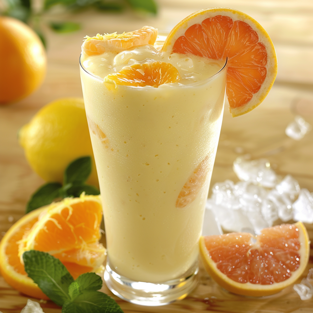Experience a refreshing tropical delight with our “Ultimate Citrus Burst” smoothie! This tall glass of creamy orange goodness, garnished with an elegant orange slice, promises a burst of health benefits in every sip. Surrounding the glass are vibrant halves of fresh oranges and lemons, alongside cooling ice cubes and invigorating green mint leaves—each element echoing our commitment to freshness. Whether you’re enjoying it as part of our fruit salads, juices, snacks, smoothies, whole fruit packs, or desserts lineup, this treat from Zestful Blends is not only bursting with goodness but also thoughtfully packaged to be eco-friendly. Dive into the zestful experience today! Experience a refreshing tropical delight with our “Ultimate Citrus Burst” smoothie! This tall glass of creamy orange goodness, garnished with an elegant orange slice, promises a burst of health benefits in every sip. Surrounding the glass are vibrant halves of fresh oranges and lemons, alongside cooling ice cubes and invigorating green mint leaves—each element echoing our commitment to freshness. Whether you’re enjoying it as part of our fruit salads, juices, snacks, smoothies, whole fruit packs, or desserts lineup, this treat from Zestful Blends is not only bursting with goodness but also thoughtfully packaged to be eco-friendly. Dive into the zestful experience today!