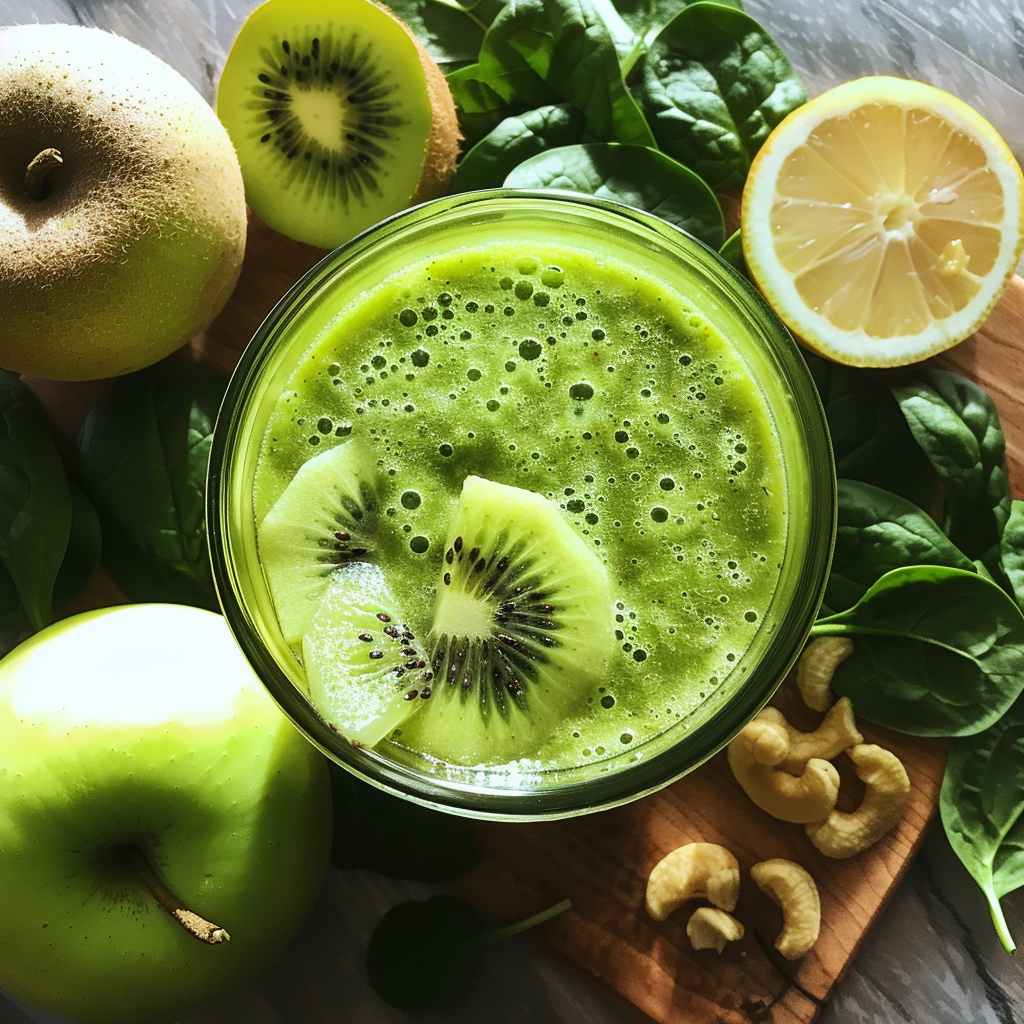 A Verdant Verve Smoothie, vibrant and bursting with goodness, sits topped with fresh kiwi slices. Surrounding it are wholesome ingredients: a halved zesty lemon, crisp spinach leaves, a juicy green apple, a luscious kiwi, and nutritious cashews. All are beautifully arranged on a wooden surface under bright light, highlighting their farm-fresh allure and the eco-friendly essence of Zestful Blends. A Verdant Verve Smoothie, vibrant and bursting with goodness, sits topped with fresh kiwi slices. Surrounding it are wholesome ingredients: a halved zesty lemon, crisp spinach leaves, a juicy green apple, a luscious kiwi, and nutritious cashews. All are beautifully arranged on a wooden surface under bright light, highlighting their farm-fresh allure and the eco-friendly essence of Zestful Blends.