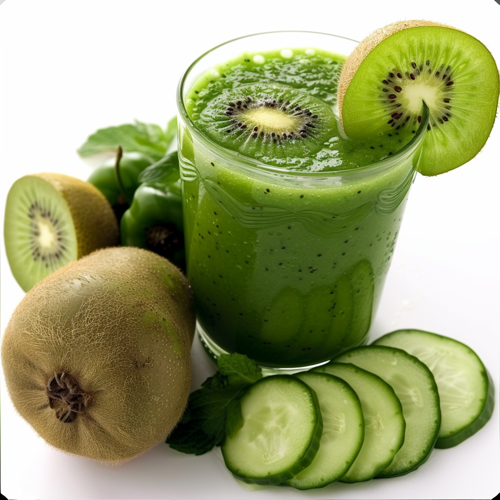 A glass brimming with our Verde Vita Smoothie, garnished with a vibrant kiwi slice, sits elegantly on a pristine white surface. Surrounding this burst of goodness are whole and sliced kiwis, refreshing cucumber slices, and fragrant mint leaves. Our Verde Vita Smoothie is the epitome of fresh and revitalizing nutrition – perfect for those who seek health in every sip. As always, Zestful Blends delivers eco-friendly freshness with every product! A glass brimming with our Verde Vita Smoothie, garnished with a vibrant kiwi slice, sits elegantly on a pristine white surface. Surrounding this burst of goodness are whole and sliced kiwis, refreshing cucumber slices, and fragrant mint leaves. Our Verde Vita Smoothie is the epitome of fresh and revitalizing nutrition – perfect for those who seek health in every sip. As always, Zestful Blends delivers eco-friendly freshness with every product!