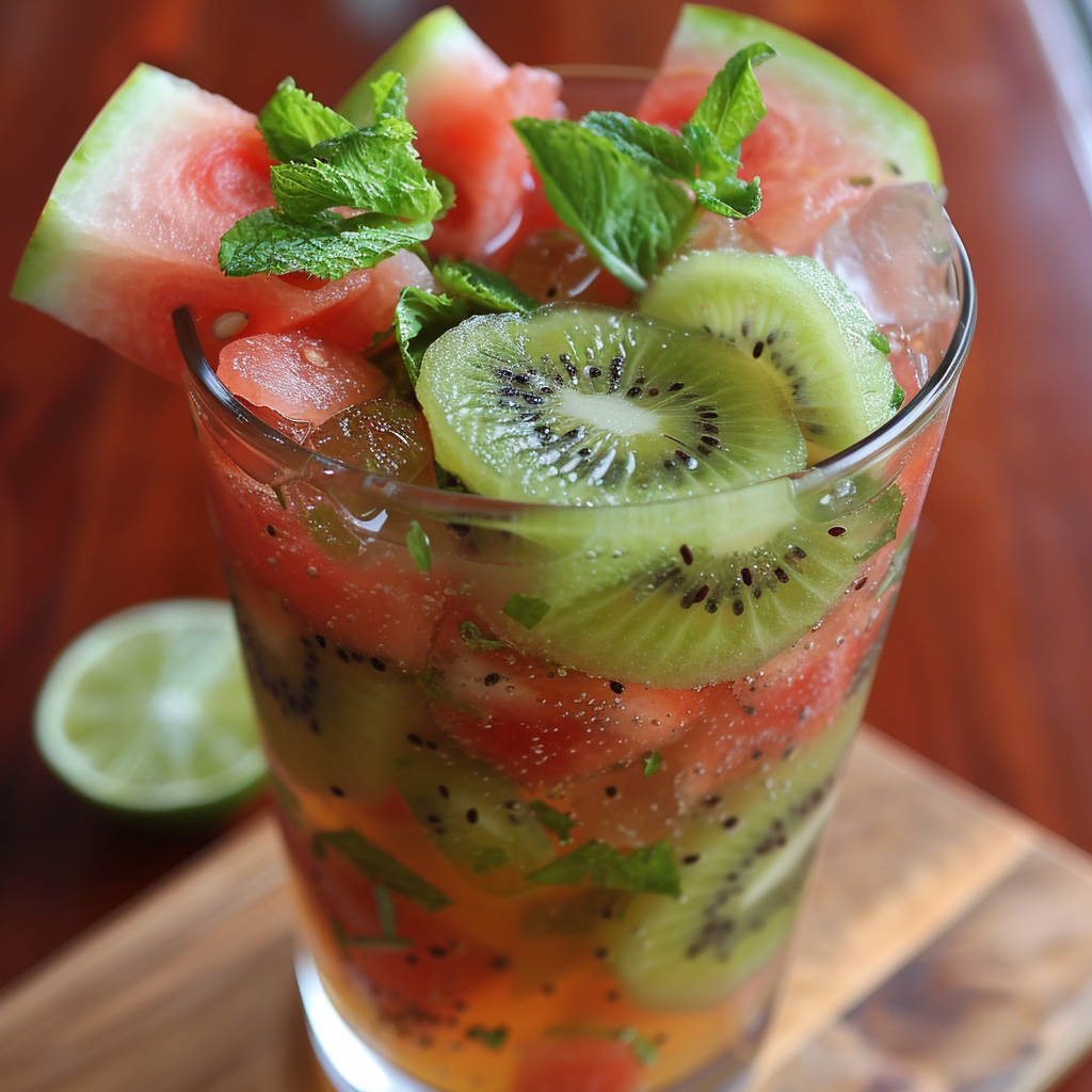 Immerse yourself in the refreshing allure of Zestful Blends' Watermelon Kiwi Wave! Bursting with goodness, this vibrant concoction features luscious watermelon chunks and delightful kiwi slices, all crowned with the invigorating touch of fresh mint leaves. Served in a tall, ice-filled glass that encapsulates pure freshness, this drink promises a wave of fruity flavors. A zesty cut lime playfully peeks from behind on a rustic wooden surface, adding to the wholesome charm. Discover the perfect blend of our health-packed ingredients and relish every sip from our eco-friendly servings. Indulge in nature's best with Zestful Blends! Immerse yourself in the refreshing allure of Zestful Blends' Watermelon Kiwi Wave! Bursting with goodness, this vibrant concoction features luscious watermelon chunks and delightful kiwi slices, all crowned with the invigorating touch of fresh mint leaves. Served in a tall, ice-filled glass that encapsulates pure freshness, this drink promises a wave of fruity flavors. A zesty cut lime playfully peeks from behind on a rustic wooden surface, adding to the wholesome charm. Discover the perfect blend of our health-packed ingredients and relish every sip from our eco-friendly servings. Indulge in nature's best with Zestful Blends!
