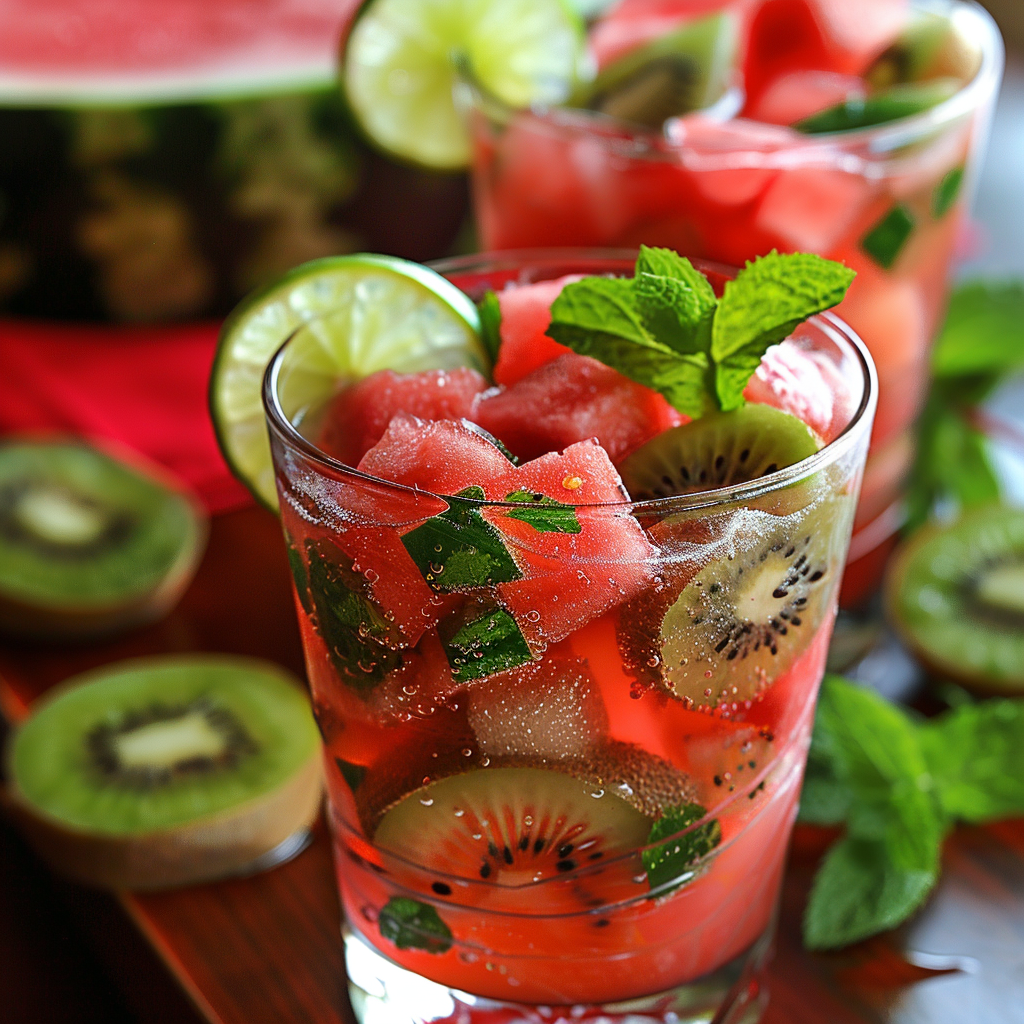 Indulge in the vibrant freshness of our healthful summer elixirs! This close-up captures a refreshing Zestful Blends drink, brimming with watermelon chunks, kiwi slices, fresh mint leaves, and tangy lime wedges — all floating serenely in a fizzy, crystal-clear liquid. In the background, another enticing beverage and an array of scattered fruit slices create a picturesque “Watermelon Kiwi Wave” of summertime vitality. Bursting with goodness and crafted from the freshest ingredients, our drinks not only invigorate your senses but also deliver nature’s best in every sip. Enjoy our eco-friendly concoctions that are as good for you as they are for the planet! Indulge in the vibrant freshness of our healthful summer elixirs! This close-up captures a refreshing Zestful Blends drink, brimming with watermelon chunks, kiwi slices, fresh mint leaves, and tangy lime wedges — all floating serenely in a fizzy, crystal-clear liquid. In the background, another enticing beverage and an array of scattered fruit slices create a picturesque “Watermelon Kiwi Wave” of summertime vitality. Bursting with goodness and crafted from the freshest ingredients, our drinks not only invigorate your senses but also deliver nature’s best in every sip. Enjoy our eco-friendly concoctions that are as good for you as they are for the planet!