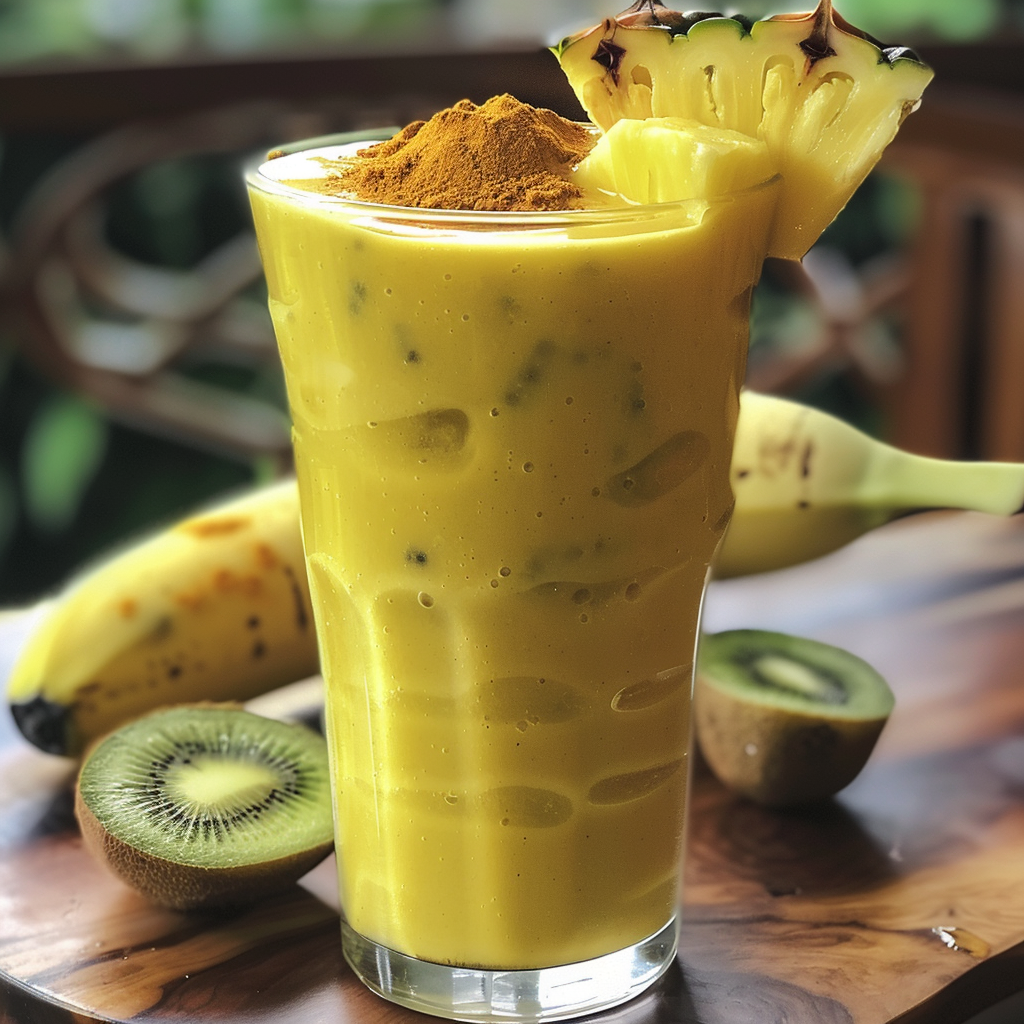 A tall glass of our radiant Yellow Jazz Smoothie, bursting with goodness and vibrantly topped with fresh pineapple slices and a sprinkle of antioxidant-rich turmeric powder. Nestled on a rustic wooden table, it’s accompanied by a whole banana, juicy sliced kiwi, and an extra slice of pineapple. In the backdrop, lush green foliage evokes the refreshing vitality that Zestful Blends brings to every serve. Relish in this nutrient-packed delight that’s crafted for your health and sourced with care for our planet. A tall glass of our radiant Yellow Jazz Smoothie, bursting with goodness and vibrantly topped with fresh pineapple slices and a sprinkle of antioxidant-rich turmeric powder. Nestled on a rustic wooden table, it’s accompanied by a whole banana, juicy sliced kiwi, and an extra slice of pineapple. In the backdrop, lush green foliage evokes the refreshing vitality that Zestful Blends brings to every serve. Relish in this nutrient-packed delight that’s crafted for your health and sourced with care for our planet.