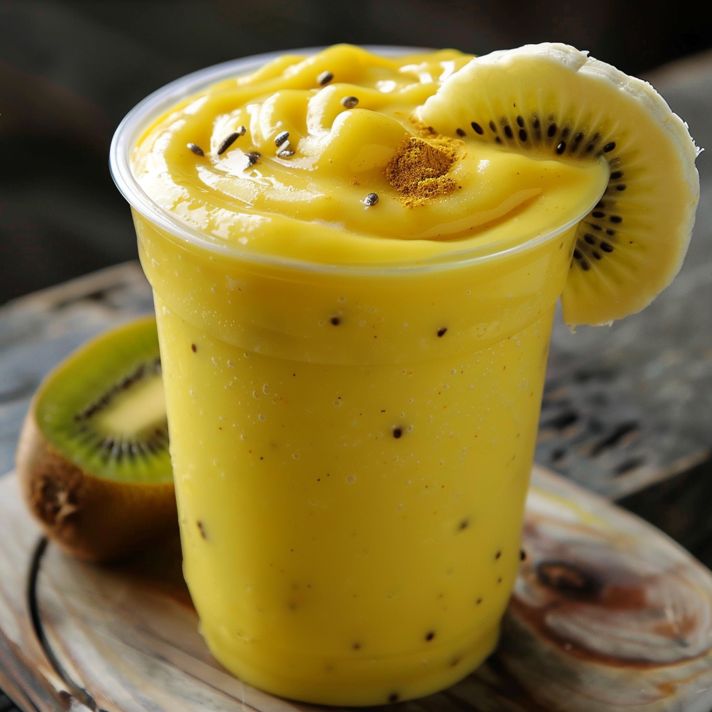 Feast your eyes on the Yellow Jazz Smoothie, bursting with goodness! Our vibrant blend, served in an eco-friendly clear cup, boasts the freshest ingredients. Topped with a luscious slice of kiwi and a dash of aromatic ground cinnamon, this smoothie promises a symphony of flavors. Nestled beside the cup are whole and half-sliced kiwis on a charming rustic wooden surface, showcasing our commitment to natural freshness. The enchanting black seeds scattered throughout herald the authenticity and nutrient-rich essence of our smoothies. At Zestful Blends, every sip celebrates health and vitality! Feast your eyes on the Yellow Jazz Smoothie, bursting with goodness! Our vibrant blend, served in an eco-friendly clear cup, boasts the freshest ingredients. Topped with a luscious slice of kiwi and a dash of aromatic ground cinnamon, this smoothie promises a symphony of flavors. Nestled beside the cup are whole and half-sliced kiwis on a charming rustic wooden surface, showcasing our commitment to natural freshness. The enchanting black seeds scattered throughout herald the authenticity and nutrient-rich essence of our smoothies. At Zestful Blends, every sip celebrates health and vitality!