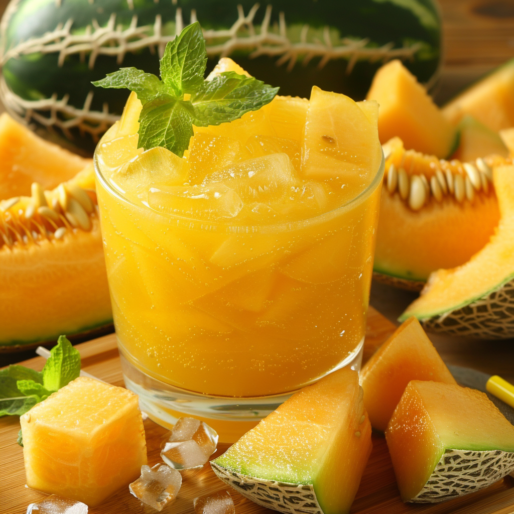 Experience the vibrant refreshment of our Yellow Melon Cooler, bursting with goodness! This chilled delight features ice-cold joy garnished with a sprig of fresh mint. Surrounding this revitalizing drink are luscious pieces and slices of ripe, juicy cantaloupe melon, all arranged on a rustic wooden surface. In the backdrop stands a whole melon, showcasing the natural beauty and rich freshness packed into every sip. Our eco-conscious approach ensures you enjoy these health-boosting treats sustainably from Zestful Blends—where vitality meets deliciousness! Experience the vibrant refreshment of our Yellow Melon Cooler, bursting with goodness! This chilled delight features ice-cold joy garnished with a sprig of fresh mint. Surrounding this revitalizing drink are luscious pieces and slices of ripe, juicy cantaloupe melon, all arranged on a rustic wooden surface. In the backdrop stands a whole melon, showcasing the natural beauty and rich freshness packed into every sip. Our eco-conscious approach ensures you enjoy these health-boosting treats sustainably from Zestful Blends—where vitality meets deliciousness!