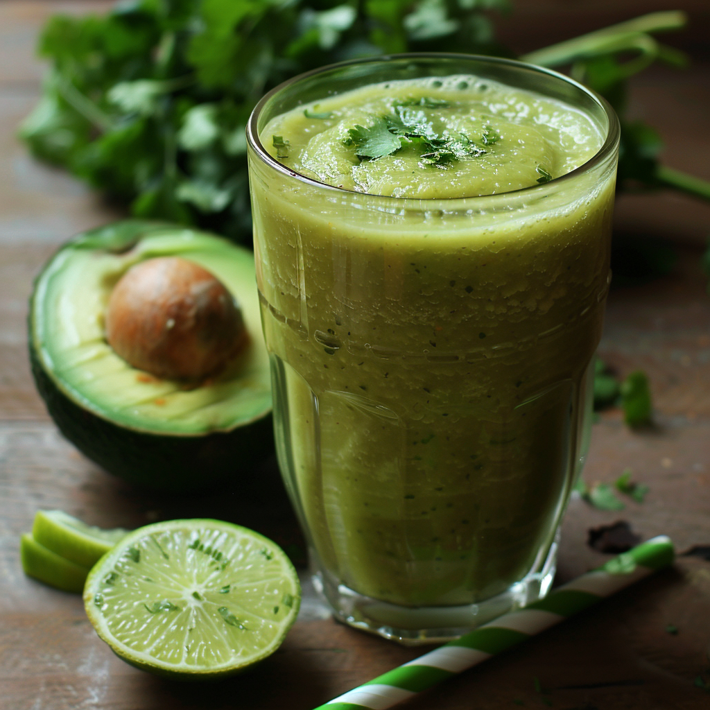 A frothy Zesty Lime & Melon Smoothie in a glass, bursting with goodness and garnished with fresh cilantro. This vibrant, creamy delight is accompanied by a halved avocado and zesty lime wedges, perfectly complemented by an eco-friendly green-striped straw on the side. Fresh cilantro peeks through in the background, highlighting Zestful Blends' commitment to freshness and health. Dive into this refreshing smoothie for a nutritious boost that tastes as amazing as it looks! A frothy Zesty Lime & Melon Smoothie in a glass, bursting with goodness and garnished with fresh cilantro. This vibrant, creamy delight is accompanied by a halved avocado and zesty lime wedges, perfectly complemented by an eco-friendly green-striped straw on the side. Fresh cilantro peeks through in the background, highlighting Zestful Blends' commitment to freshness and health. Dive into this refreshing smoothie for a nutritious boost that tastes as amazing as it looks!