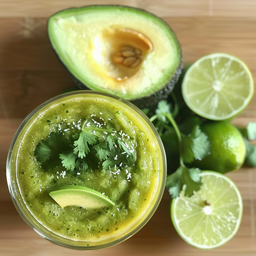 A top-down view of our refreshing Zesty Lime & Melon Smoothie, bursting with goodness and garnished with fresh cilantro and a slice of creamy avocado in an elegant glass. Surrounding the smoothie are halved limes and a perfectly ripe avocado, resting on a rustic wooden surface. This vibrant presentation showcases the health benefits and absolute freshness of our ingredients, all while emphasizing our commitment to eco-friendly practices at Zestful Blends. Dive into this invigorating experience that’s as nutritious as it is beautiful! A top-down view of our refreshing Zesty Lime & Melon Smoothie, bursting with goodness and garnished with fresh cilantro and a slice of creamy avocado in an elegant glass. Surrounding the smoothie are halved limes and a perfectly ripe avocado, resting on a rustic wooden surface. This vibrant presentation showcases the health benefits and absolute freshness of our ingredients, all while emphasizing our commitment to eco-friendly practices at Zestful Blends. Dive into this invigorating experience that’s as nutritious as it is beautiful!