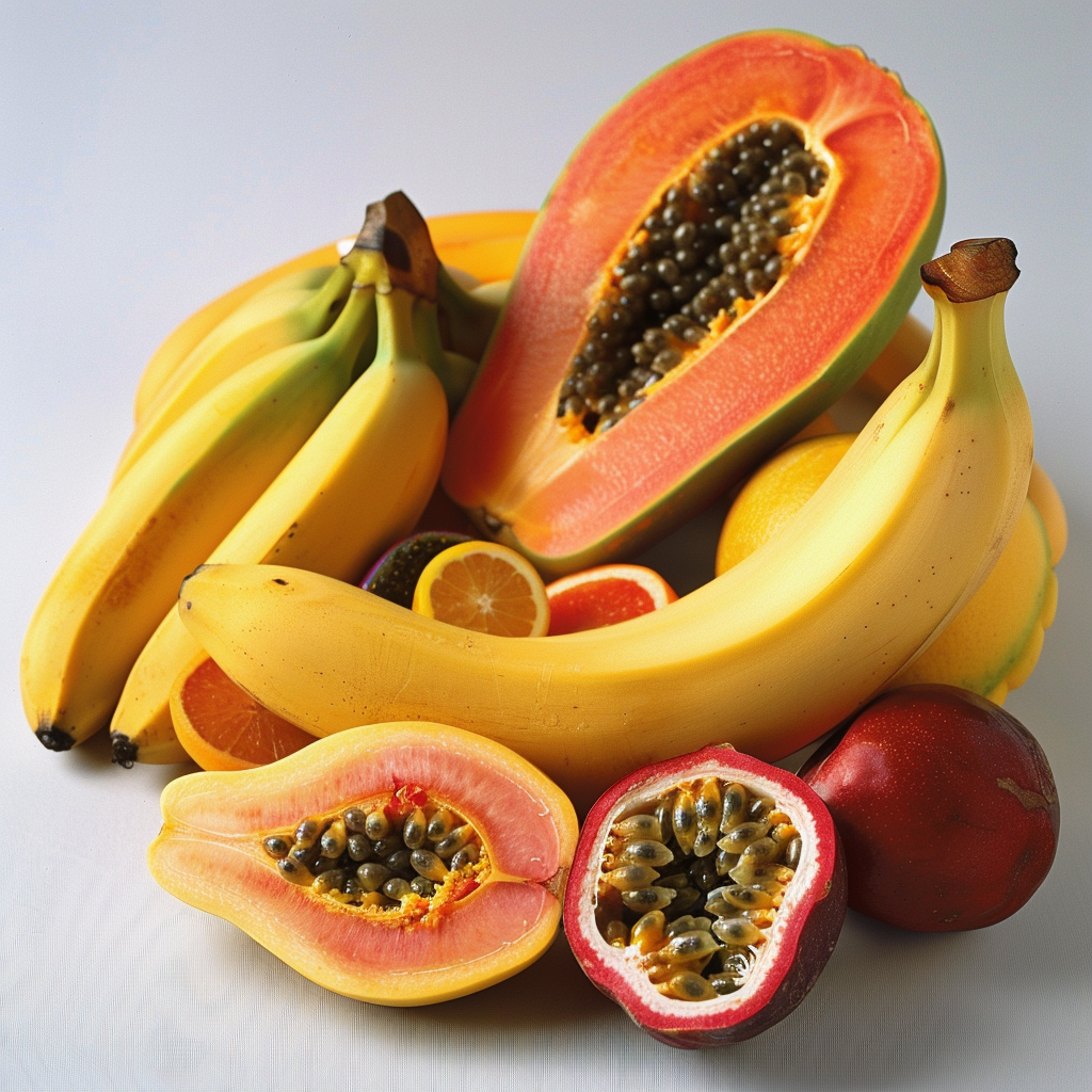 Dive into the vibrant world of Zestful Blends with our tantalizing Friday Tropical Escape! This stunning array features whole and sliced bananas, papayas, passion fruits, and zesty orange slices, all artfully arranged on a pristine white surface. Bursting with goodness, these fresh and juicy tropical delights promise a burst of health benefits in every bite. Perfectly crafted to elevate your mood and nourish your body. Plus, our commitment to eco-friendly practices ensures you can savor every moment guilt-free. Dive into the vibrant world of Zestful Blends with our tantalizing Friday Tropical Escape! This stunning array features whole and sliced bananas, papayas, passion fruits, and zesty orange slices, all artfully arranged on a pristine white surface. Bursting with goodness, these fresh and juicy tropical delights promise a burst of health benefits in every bite. Perfectly crafted to elevate your mood and nourish your body. Plus, our commitment to eco-friendly practices ensures you can savor every moment guilt-free.