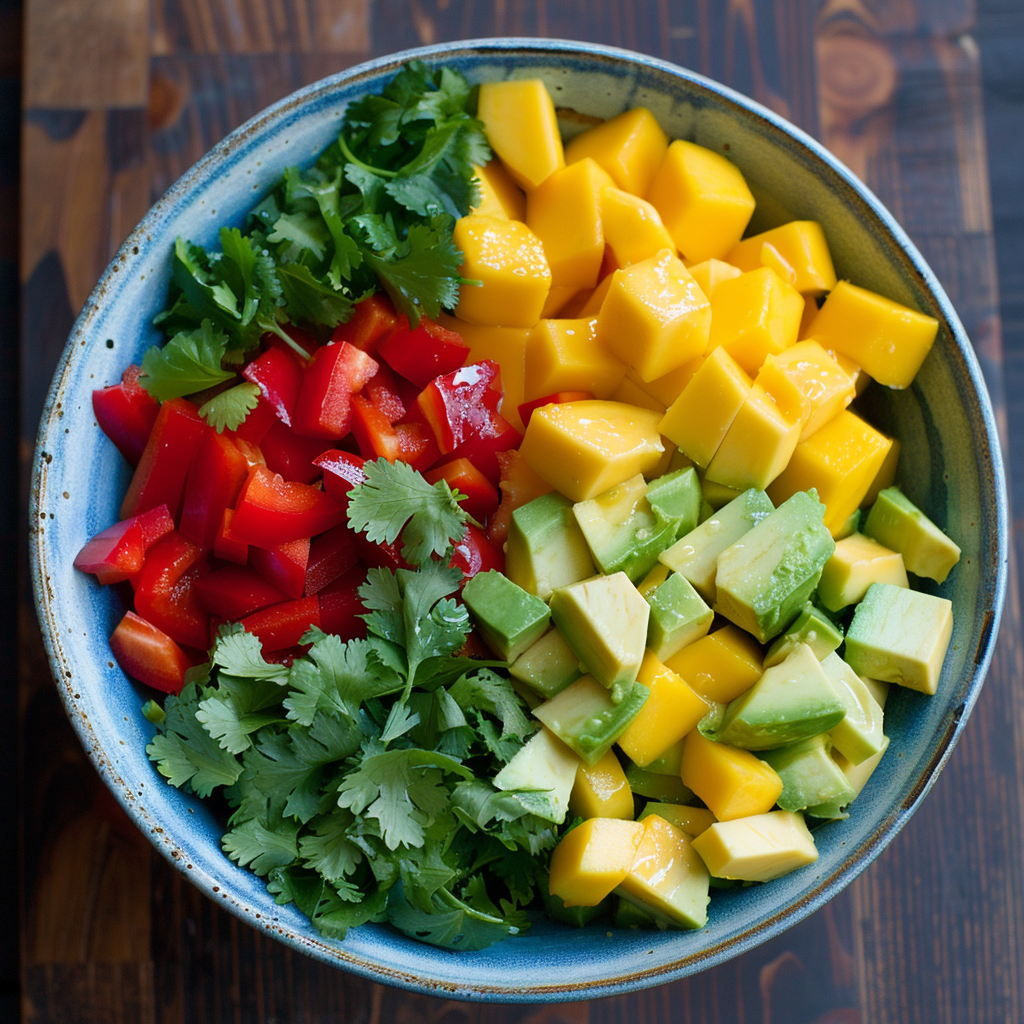 Feast your eyes on our vibrant Mango & Avocado Salsa, served in a striking blue bowl! This refreshing blend features neatly arranged sections of succulent diced mangoes, crisp chopped red bell peppers, creamy cubed avocados, and aromatic fresh cilantro leaves. Bursting with goodness and made with the freshest ingredients, this salsa is a perfect fusion of health and flavor. Enjoy it as part of our eco-friendly product line at Zestful Blends – where every bite fuels your zest for life! Feast your eyes on our vibrant Mango & Avocado Salsa, served in a striking blue bowl! This refreshing blend features neatly arranged sections of succulent diced mangoes, crisp chopped red bell peppers, creamy cubed avocados, and aromatic fresh cilantro leaves. Bursting with goodness and made with the freshest ingredients, this salsa is a perfect fusion of health and flavor. Enjoy it as part of our eco-friendly product line at Zestful Blends – where every bite fuels your zest for life!