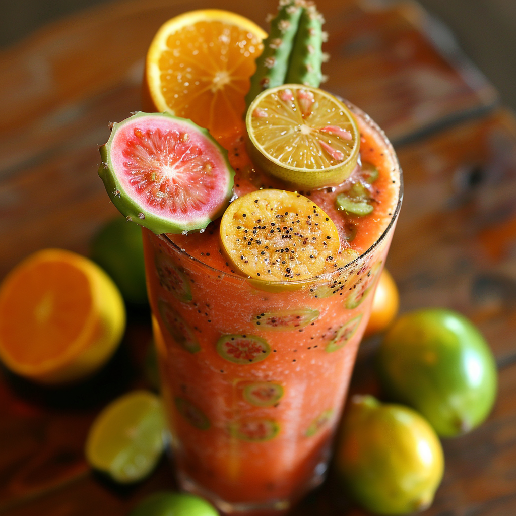A tall glass brimming with our refreshing Cactus Fig Fizz, bursting with goodness and garnished with vibrant citrus slices of orange and lime, along with a touch of fresh cactus. This fizzy delight, speckled with nutrient-rich seeds, is surrounded by an inviting array of fresh citrus fruits on a rustic wooden surface. Enjoy the health benefits and zesty freshness that Zestful Blends is renowned for—packed in eco-friendly materials to nourish you and the planet! A tall glass brimming with our refreshing Cactus Fig Fizz, bursting with goodness and garnished with vibrant citrus slices of orange and lime, along with a touch of fresh cactus. This fizzy delight, speckled with nutrient-rich seeds, is surrounded by an inviting array of fresh citrus fruits on a rustic wooden surface. Enjoy the health benefits and zesty freshness that Zestful Blends is renowned for—packed in eco-friendly materials to nourish you and the planet!