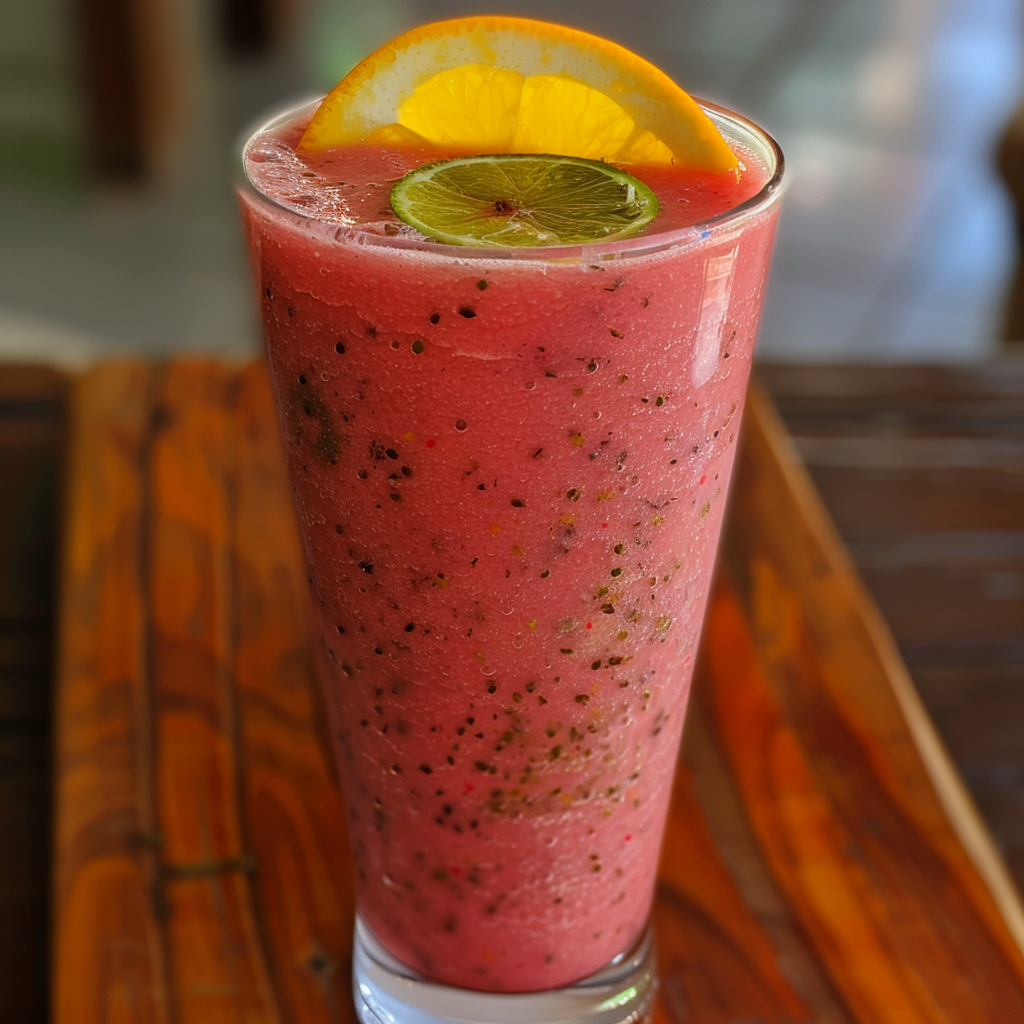 A tall glass of our vibrant pink Cactus Fig Fizz sits proudly on a wooden tray, bursting with goodness and invigorating flavor. Garnished with fresh slices of orange and lime, this refreshing beverage radiates a colorful zest. Every sip is packed with nutritious benefits, accentuated by a delightful hint of fizz that adds an eco-friendly sparkle to your health journey. Enjoy the refreshing vibrancy amidst softly blurred surroundings—pure refreshment in every bubble! A tall glass of our vibrant pink Cactus Fig Fizz sits proudly on a wooden tray, bursting with goodness and invigorating flavor. Garnished with fresh slices of orange and lime, this refreshing beverage radiates a colorful zest. Every sip is packed with nutritious benefits, accentuated by a delightful hint of fizz that adds an eco-friendly sparkle to your health journey. Enjoy the refreshing vibrancy amidst softly blurred surroundings—pure refreshment in every bubble!
