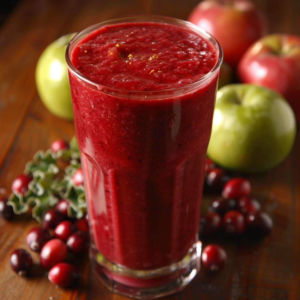 Immerse yourself in vitality with our Cran-Apple Twister, a tall glass of vibrant red bursting with goodness! Nestled amongst fresh apples and cranberries on a rustic wooden table, this delightfully thick and rich smoothie promises an irresistible blend of nature's finest. Packed with wholesome apples and tangy cranberries, it's your go-to for a refreshing boost of energy. At Zestful Blends, we prioritize eco-friendly sourcing to bring you health benefits straight from the orchard to your glass. Elevate your day with the pure freshness and nutrient-rich joy of our Cran-Apple Twister! Immerse yourself in vitality with our Cran-Apple Twister, a tall glass of vibrant red bursting with goodness! Nestled amongst fresh apples and cranberries on a rustic wooden table, this delightfully thick and rich smoothie promises an irresistible blend of nature's finest. Packed with wholesome apples and tangy cranberries, it's your go-to for a refreshing boost of energy. At Zestful Blends, we prioritize eco-friendly sourcing to bring you health benefits straight from the orchard to your glass. Elevate your day with the pure freshness and nutrient-rich joy of our Cran-Apple Twister!
