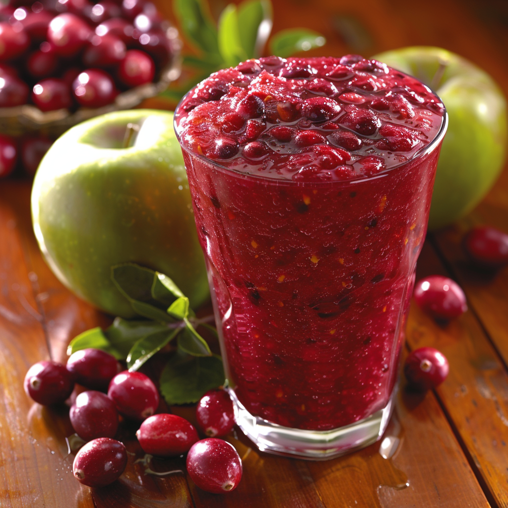A tall glass brimming with our vibrant red Cran-Apple Twister smoothie, garnished with plump whole cranberries on top, radiating freshness and bursting with goodness. Nestled on a rustic wooden table, this delightful creation is surrounded by freshly picked cranberries and crisp green apples, adding a refreshing pop of color. Perfectly crafted to nourish your body and soul, every sip of this smoothie embodies the health benefits of our eco-friendly ingredients at Zestful Blends. A tall glass brimming with our vibrant red Cran-Apple Twister smoothie, garnished with plump whole cranberries on top, radiating freshness and bursting with goodness. Nestled on a rustic wooden table, this delightful creation is surrounded by freshly picked cranberries and crisp green apples, adding a refreshing pop of color. Perfectly crafted to nourish your body and soul, every sip of this smoothie embodies the health benefits of our eco-friendly ingredients at Zestful Blends.