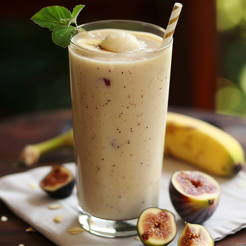 Indulge in Zestful Blends' Fig and Honey Harvest Smoothie, a tall, creamy delight bursting with goodness! Garnished with lychee, mint leaves, and a drizzle of honey, every sip is a refreshing treat for your taste buds. Enhanced with a playful striped straw and surrounded by an array of fresh figs and ripe bananas on a rustic wooden surface, this smoothie embodies the essence of a bountiful harvest. Packed with nutrients and eco-friendly ingredients, our products promise delicious moments that are as kind to you as they are to the planet. Indulge in Zestful Blends' Fig and Honey Harvest Smoothie, a tall, creamy delight bursting with goodness! Garnished with lychee, mint leaves, and a drizzle of honey, every sip is a refreshing treat for your taste buds. Enhanced with a playful striped straw and surrounded by an array of fresh figs and ripe bananas on a rustic wooden surface, this smoothie embodies the essence of a bountiful harvest. Packed with nutrients and eco-friendly ingredients, our products promise delicious moments that are as kind to you as they are to the planet.