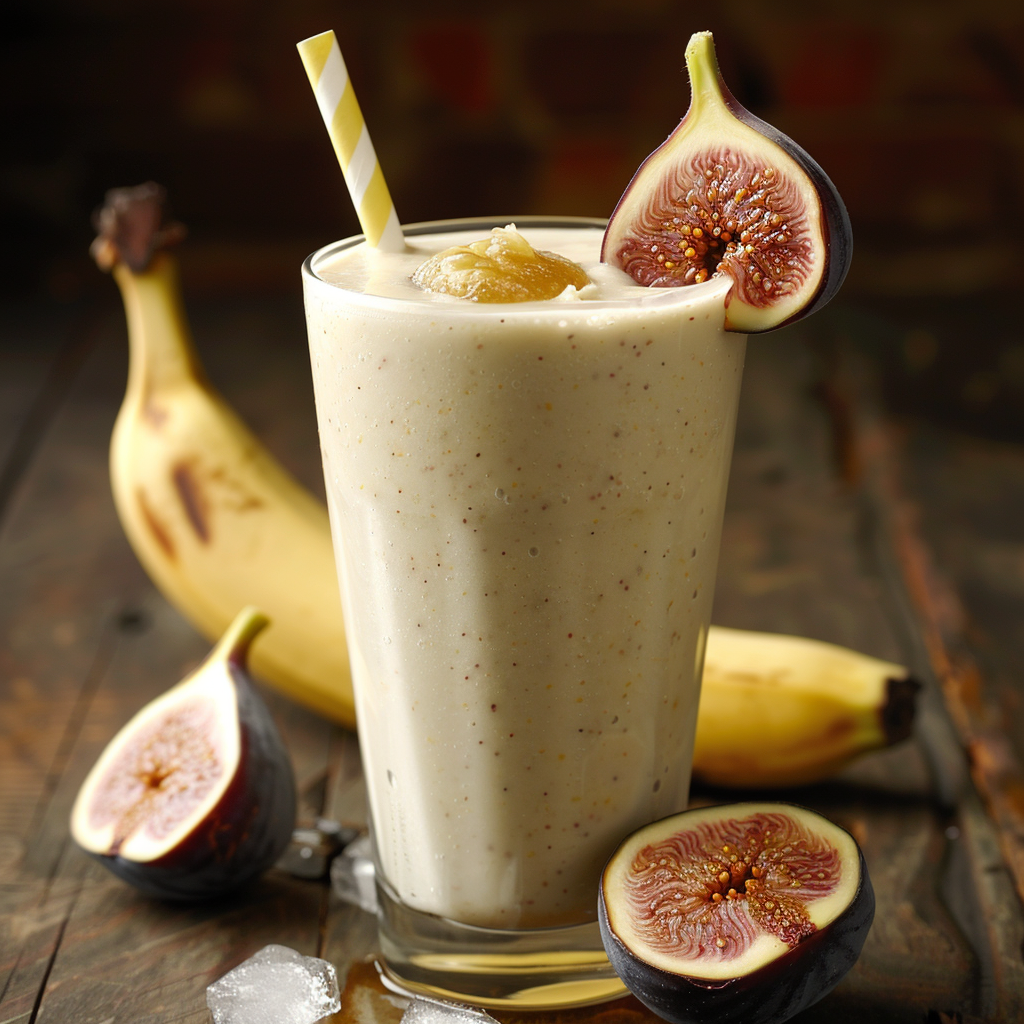 Indulge in Zestful Blends’ creamy Fig and Honey Harvest smoothie, bursting with goodness in every sip. Served in a tall glass adorned with a vibrant yellow-striped straw, this invigorating blend is topped with a luscious halved fig and a dollop of honey-infused fig puree. Surrounded by fresh bananas and figs that capture the essence of an autumn harvest, all beautifully arranged on a rustic wooden surface, our smoothie not only delights your taste buds but also offers unparalleled health benefits. Enjoy the freshness of whole fruits while nurturing your body—every ingredient speaks to our commitment to sustainability and wellness. Indulge in Zestful Blends’ creamy Fig and Honey Harvest smoothie, bursting with goodness in every sip. Served in a tall glass adorned with a vibrant yellow-striped straw, this invigorating blend is topped with a luscious halved fig and a dollop of honey-infused fig puree. Surrounded by fresh bananas and figs that capture the essence of an autumn harvest, all beautifully arranged on a rustic wooden surface, our smoothie not only delights your taste buds but also offers unparalleled health benefits. Enjoy the freshness of whole fruits while nurturing your body—every ingredient speaks to our commitment to sustainability and wellness.