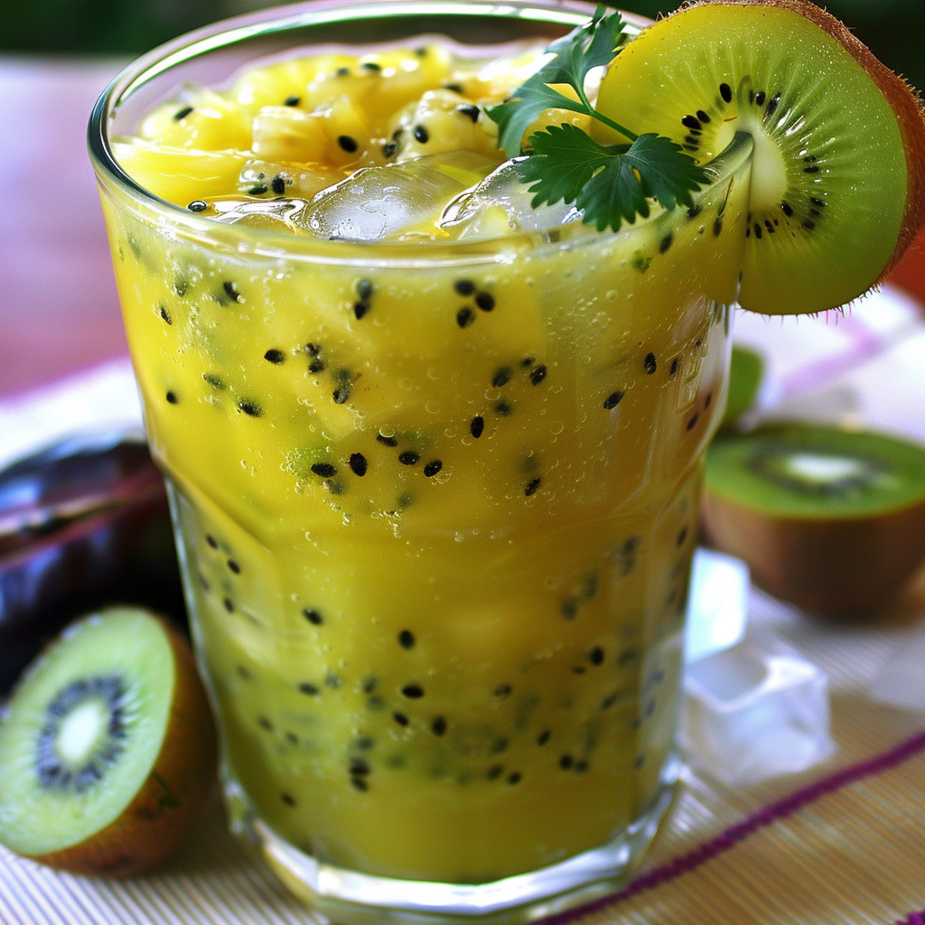 Experience the vibrant burst of goodness with Zestful Blends' Tropical Fruit Drink, adorned with a fresh kiwi slice and a sprig of cilantro. This refreshing concoction, served in a clear glass brimming with our Kiwi Pineapple Passion mix and ice cubes, is speckled with delightful black seeds from passion fruit. Each sip not only nourishes your body but also delights your senses, embodying the peak of health benefits and unparalleled freshness. Plus, every aspect aligns with our eco-friendly commitment to bring nature’s finest right to your glass! Experience the vibrant burst of goodness with Zestful Blends' Tropical Fruit Drink, adorned with a fresh kiwi slice and a sprig of cilantro. This refreshing concoction, served in a clear glass brimming with our Kiwi Pineapple Passion mix and ice cubes, is speckled with delightful black seeds from passion fruit. Each sip not only nourishes your body but also delights your senses, embodying the peak of health benefits and unparalleled freshness. Plus, every aspect aligns with our eco-friendly commitment to bring nature’s finest right to your glass!