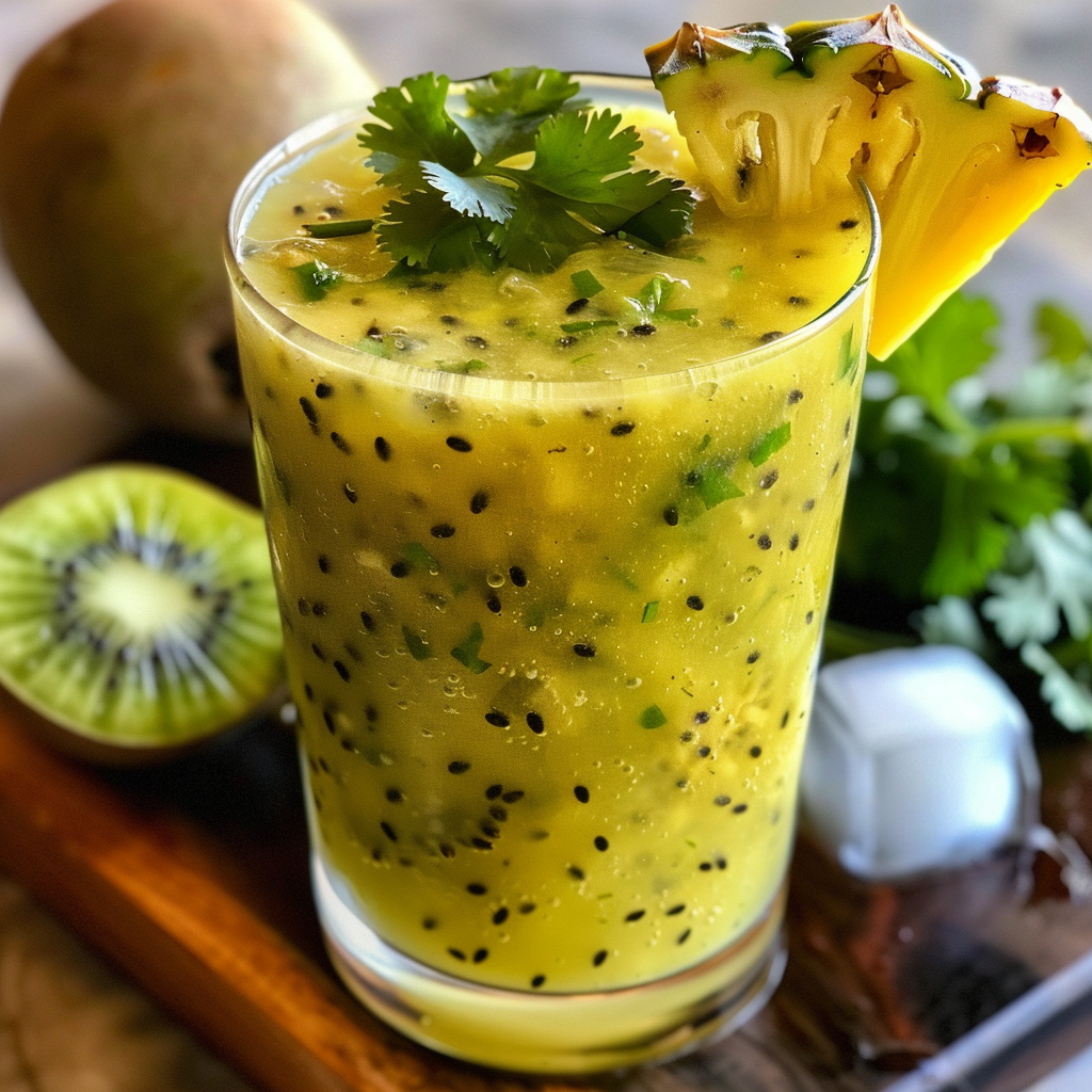 A vibrant tropical smoothie bursting with goodness in a clear glass, garnished with a juicy pineapple wedge and a sprig of fresh cilantro. Introducing our Kiwi Pineapple Passion—an exhilarating blend infused with zesty passionfruit. Its radiant yellow hue speckled with black seeds promises an invigorating taste adventure. Surrounding the glass, discover the wholesome ingredients: succulent kiwi, luscious pineapple chunks, and fragrant cilantro leaves. Zestful Blends delivers unparalleled freshness, nutrition-rich delights crafted to elevate your well-being while embracing eco-friendly practices. Savor the essence of vitality! A vibrant tropical smoothie bursting with goodness in a clear glass, garnished with a juicy pineapple wedge and a sprig of fresh cilantro. Introducing our Kiwi Pineapple Passion—an exhilarating blend infused with zesty passionfruit. Its radiant yellow hue speckled with black seeds promises an invigorating taste adventure. Surrounding the glass, discover the wholesome ingredients: succulent kiwi, luscious pineapple chunks, and fragrant cilantro leaves. Zestful Blends delivers unparalleled freshness, nutrition-rich delights crafted to elevate your well-being while embracing eco-friendly practices. Savor the essence of vitality!