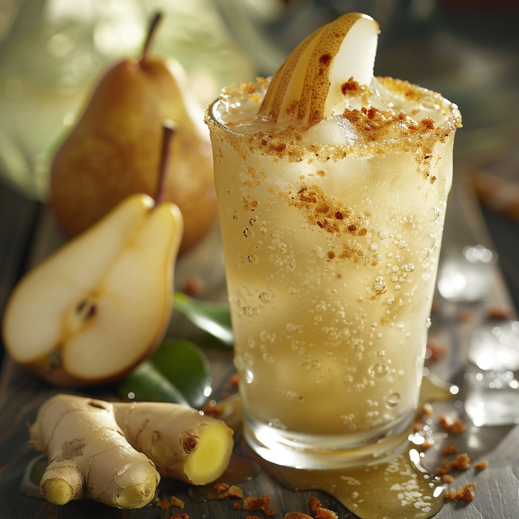 Indulge in the Pear Ginger Sparkle, an energizing cocktail served in a stylish glass with a caramelized sugar rim—pure sophistication! This vibrant drink, packed with fresh pear slices and zesty ginger bits, dances with effervescent bubbles. Surrounded by juicy pear halves, spicy ginger slices, and shimmering ice cubes on a rustic wooden table, this refreshing delight is bursting with goodness. Elevate your moment with every sip of nature's finest flavors—crafted for your health and vitality. Plus, all ingredients are sustainably sourced to bring you eco-friendly excellence. Indulge in the Pear Ginger Sparkle, an energizing cocktail served in a stylish glass with a caramelized sugar rim—pure sophistication! This vibrant drink, packed with fresh pear slices and zesty ginger bits, dances with effervescent bubbles. Surrounded by juicy pear halves, spicy ginger slices, and shimmering ice cubes on a rustic wooden table, this refreshing delight is bursting with goodness. Elevate your moment with every sip of nature's finest flavors—crafted for your health and vitality. Plus, all ingredients are sustainably sourced to bring you eco-friendly excellence.