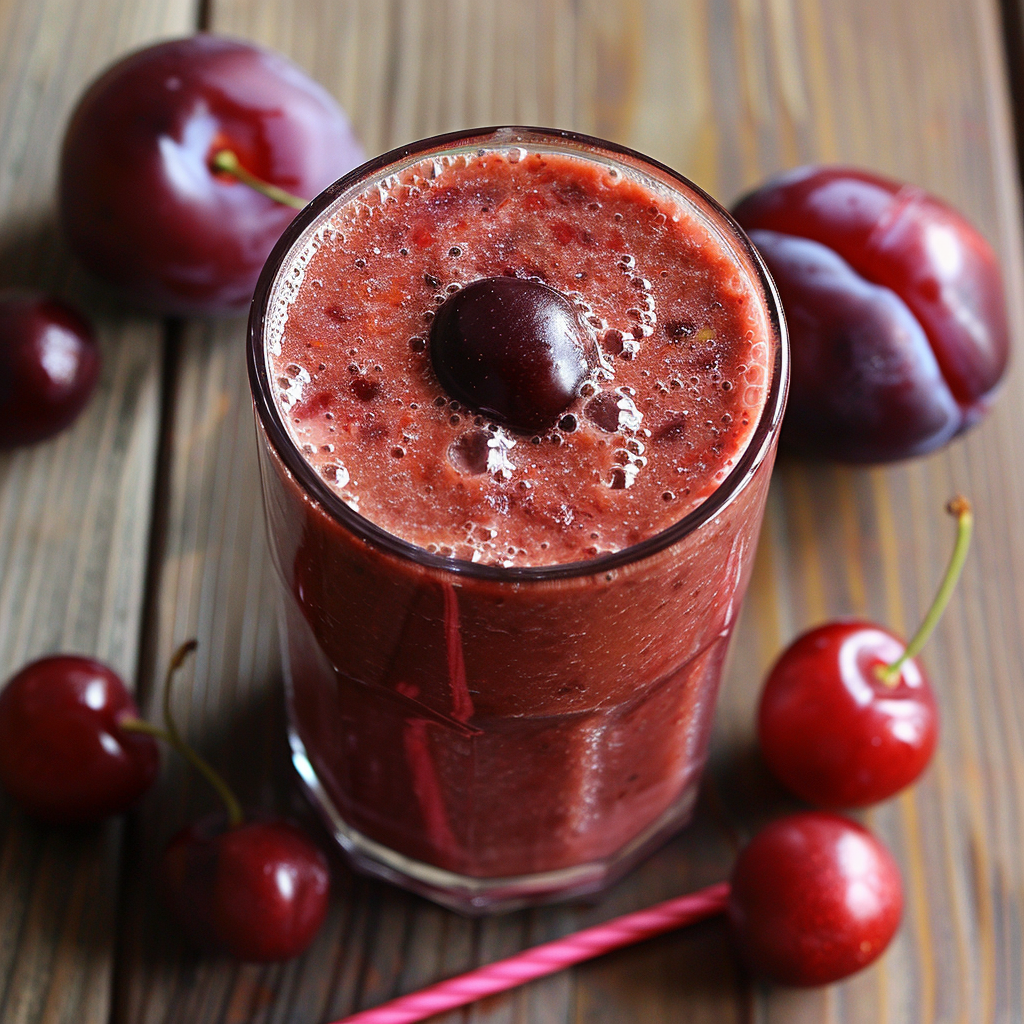 A glass of Plum and Cherry Charm sits proudly on a wooden surface, topped with a charming cherry and surrounded by an array of fresh cherries and plums. This smoothie is bursting with goodness, featuring vibrant red and purple hues that promise a thick, textured experience. A pink straw adds a playful touch beside the glass. Dive into this refreshing blend from Zestful Blends – where freshness meets flavor in every health-boosting sip! And our eco-friendly packaging ensures you're doing good for the planet while treating yourself to nature's best. A glass of Plum and Cherry Charm sits proudly on a wooden surface, topped with a charming cherry and surrounded by an array of fresh cherries and plums. This smoothie is bursting with goodness, featuring vibrant red and purple hues that promise a thick, textured experience. A pink straw adds a playful touch beside the glass. Dive into this refreshing blend from Zestful Blends – where freshness meets flavor in every health-boosting sip! And our eco-friendly packaging ensures you're doing good for the planet while treating yourself to nature's best.