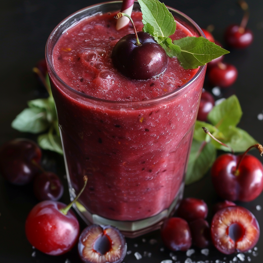 A tall glass of Plum and Cherry Charm, bursting with goodness, is garnished with a whole cherry and fresh mint leaves. This vibrant smoothie boasts a rich, luscious color and is surrounded by an array of fresh cherries—whole and halved. Set against a sleek black background, it’s not just refreshing but also packed with health benefits. At Zestful Blends, we ensure our products deliver peak freshness in every sip while embracing sustainable practices for a healthier planet. Indulge in the pure vitality of nature! A tall glass of Plum and Cherry Charm, bursting with goodness, is garnished with a whole cherry and fresh mint leaves. This vibrant smoothie boasts a rich, luscious color and is surrounded by an array of fresh cherries—whole and halved. Set against a sleek black background, it’s not just refreshing but also packed with health benefits. At Zestful Blends, we ensure our products deliver peak freshness in every sip while embracing sustainable practices for a healthier planet. Indulge in the pure vitality of nature!