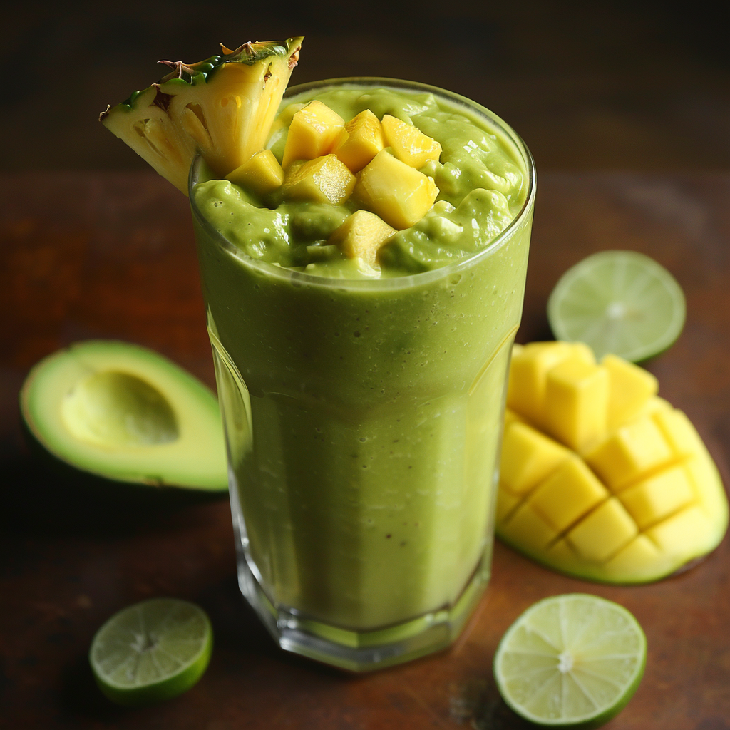 Experience a burst of goodness with our Tropical Avocado Bliss! This tall glass of creamy delight is topped with juicy pineapple chunks and garnished with a vibrant pineapple slice. Surrounding this tropical oasis are zesty lime slices, a perfectly ripe half avocado, and sweet diced mango, all arranged on an eco-friendly wooden surface. At Zestful Blends, every sip is bursting with health benefits and freshness, making it the perfect choice for your wellness journey. Indulge in nature’s finest ingredients while supporting sustainability and vibrant living! Experience a burst of goodness with our Tropical Avocado Bliss! This tall glass of creamy delight is topped with juicy pineapple chunks and garnished with a vibrant pineapple slice. Surrounding this tropical oasis are zesty lime slices, a perfectly ripe half avocado, and sweet diced mango, all arranged on an eco-friendly wooden surface. At Zestful Blends, every sip is bursting with health benefits and freshness, making it the perfect choice for your wellness journey. Indulge in nature’s finest ingredients while supporting sustainability and vibrant living!