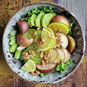 A refreshing bowl of Apple Avocado Ambrosia with green apples, avocado, walnuts, and a lemon-honey drizzle.