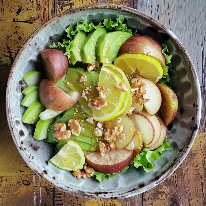 Savor the vibrant flavors of Apple Avocado Ambrosia, a nutritious mix of green apples, avocado, walnuts, and lemon-honey dressing. A refreshing bowl of Apple Avocado Ambrosia with green apples, avocado, walnuts, and a lemon-honey drizzle.