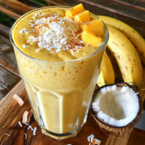 Colorful Caribbean Bliss Smoothie with fresh tropical fruits in a vibrant glass against a white background