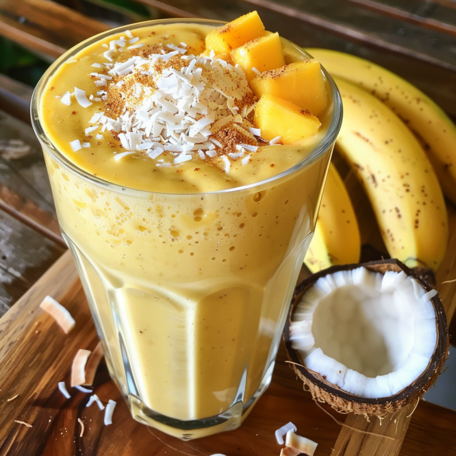 Experience the refreshing taste of the Caribbean with this vibrant and delicious Caribbean Bliss Smoothie, crafted with fresh tropical fruits. Colorful Caribbean Bliss Smoothie with fresh tropical fruits in a vibrant glass against a white background
