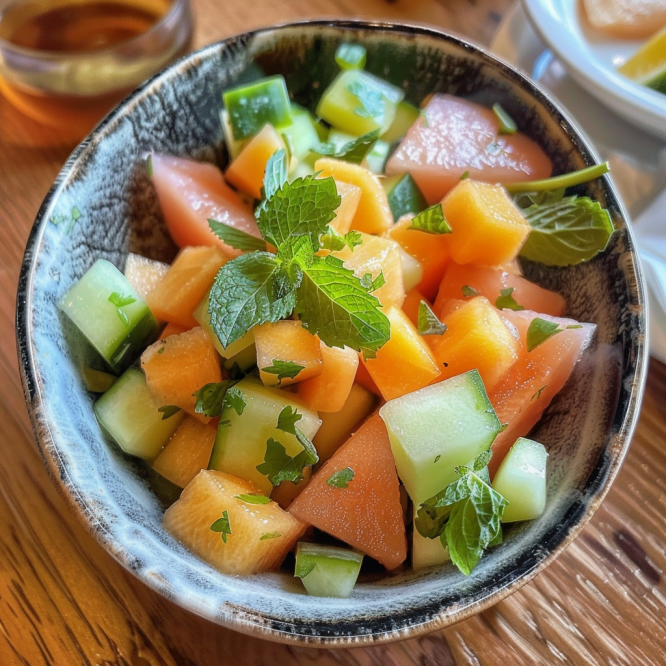 Citrus Honeydew Melody: A vibrant mix of honeydew melon, citrus fruits, and mint leaves with a tangy honey-lime drizzle. A refreshing bowl of Citrus Honeydew Melody with vibrant honeydew melon slices, citrus fruits, and mint leaves, drizzled with honey-lime dressing.