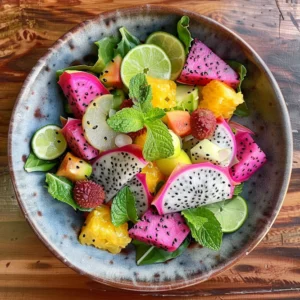 Exotic Escape fruit salad by Zestful Blends, featuring vibrant tropical fruits arranged beautifully in a bowl."