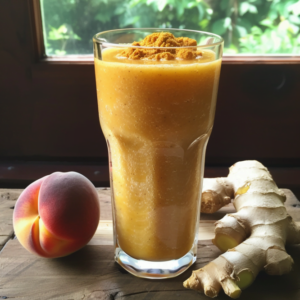 Peachy Keen Fusion Smoothie in a tall glass, topped with peach slices and mint leaves, against a light background
