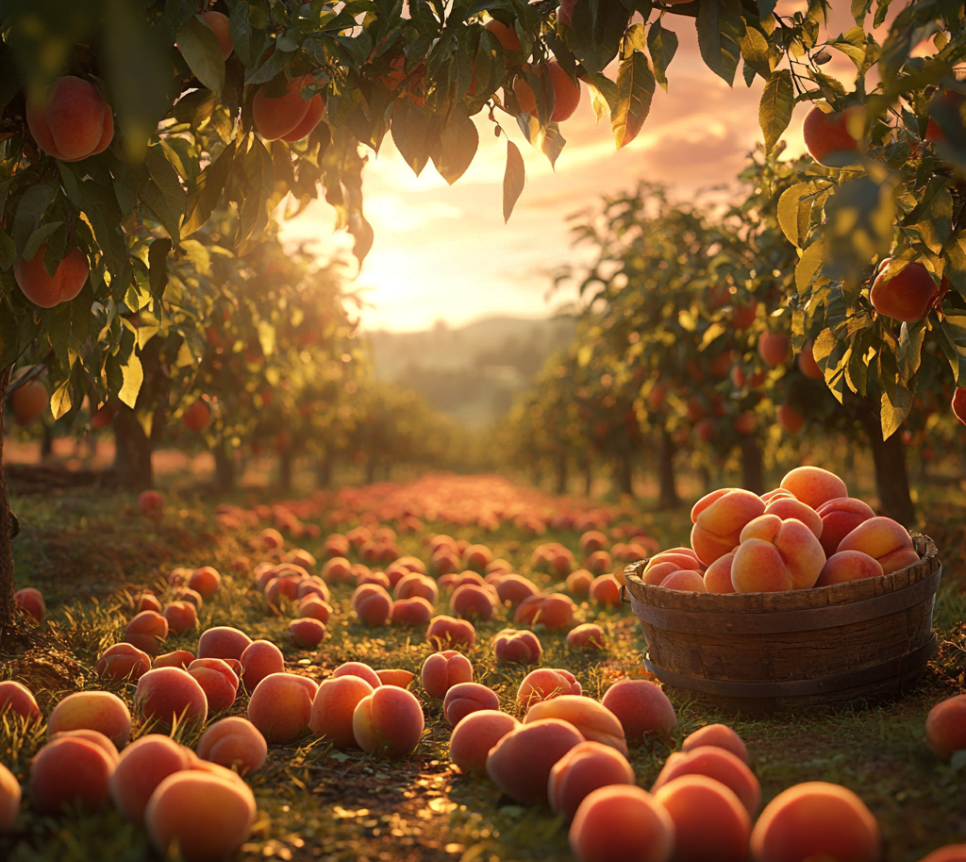 A golden sunset over a peach orchard, with freshly harvested, nutrient-rich, antioxidant-packed peaches scattered in a basket, highlighting their health benefits