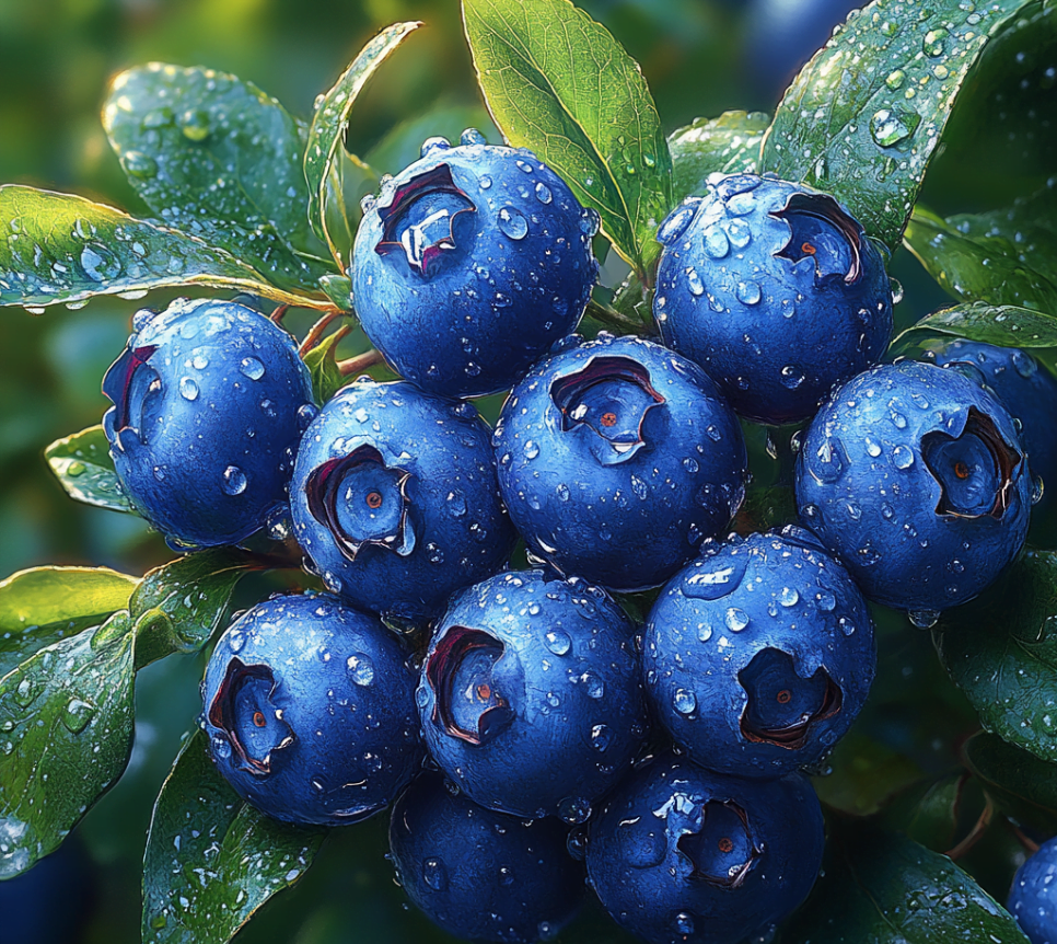 Nutrient-rich, dew-covered blueberries with antioxidants and fibre, supporting blood circulation and overall health