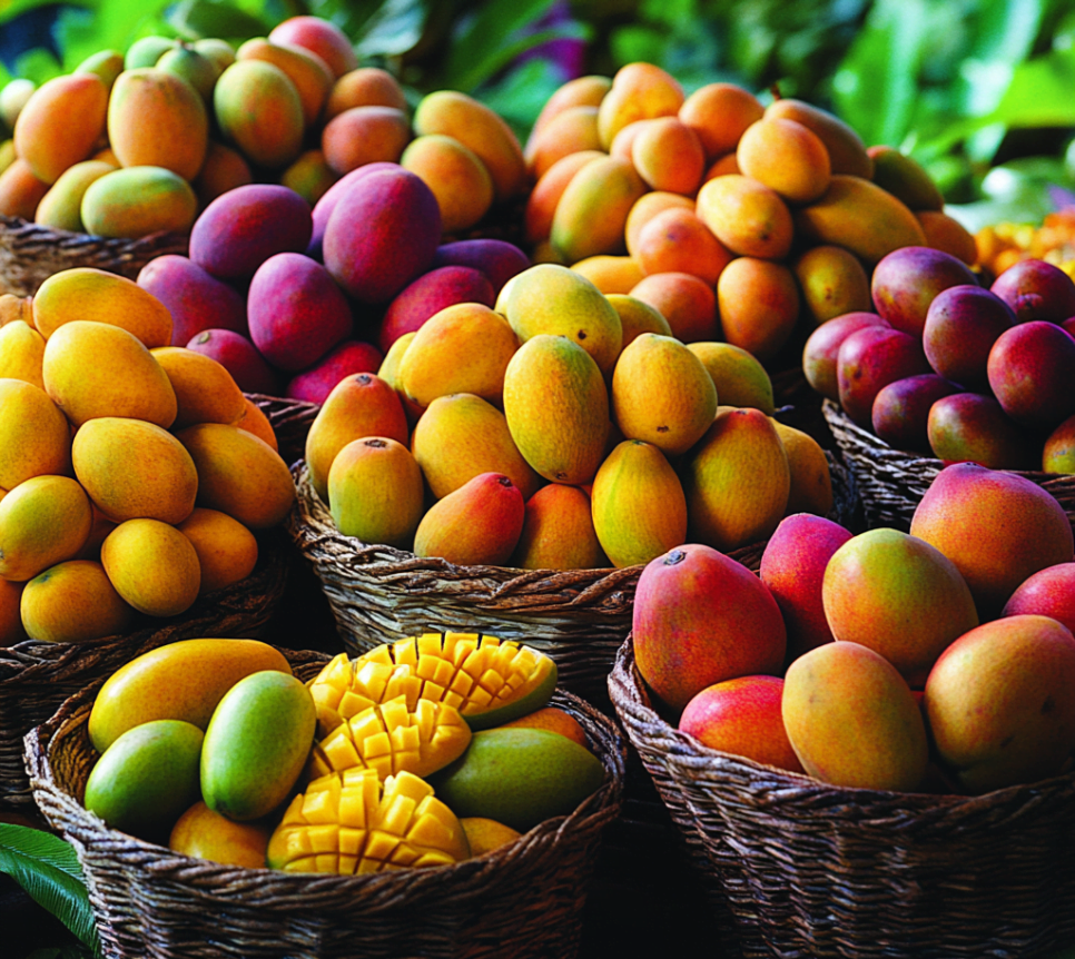 A vibrant display of mango varieties in baskets, including a sliced mango, showcasing the best healthy fruit rich in antioxidants and nutrients like fibre, promoting heart health.