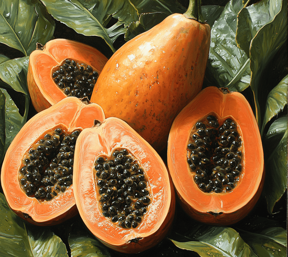 Fresh papayas fruit with black seeds, emphasizing the health benefits of eating papayas, rich in antioxidants and nutrients